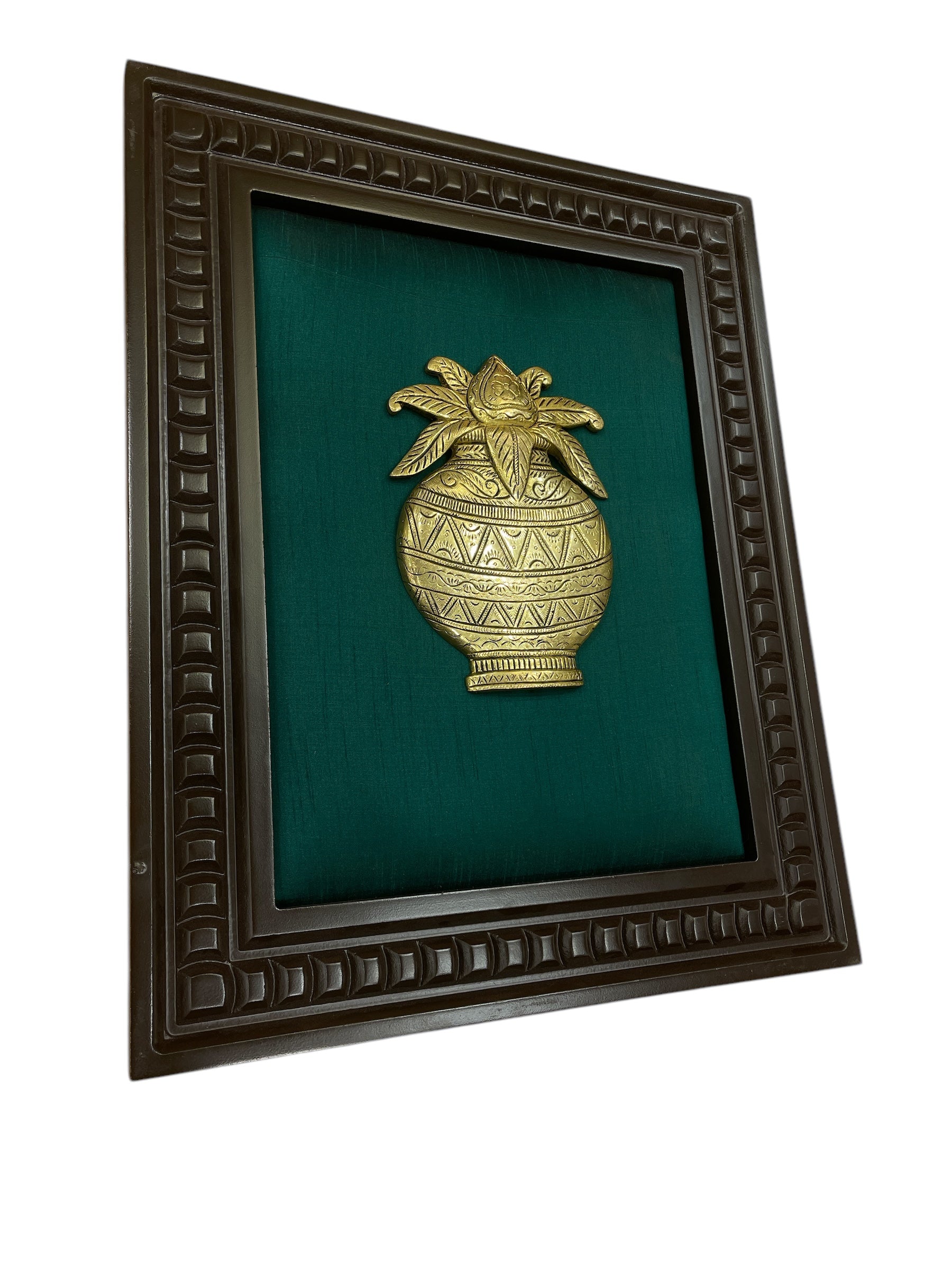 Brass Kalash with Green silk in wooden Frame