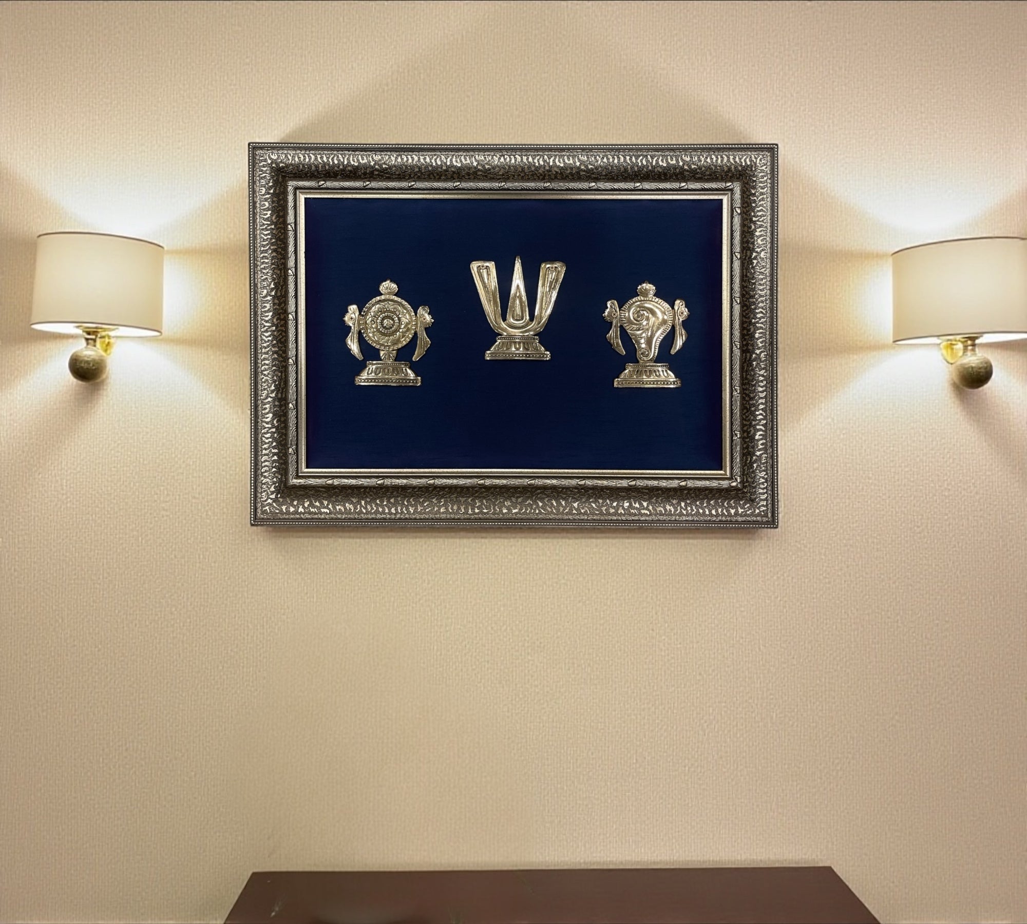 Tirupati Brass Shanku Chakra Namam with Blue Cushion in Moulded Frame