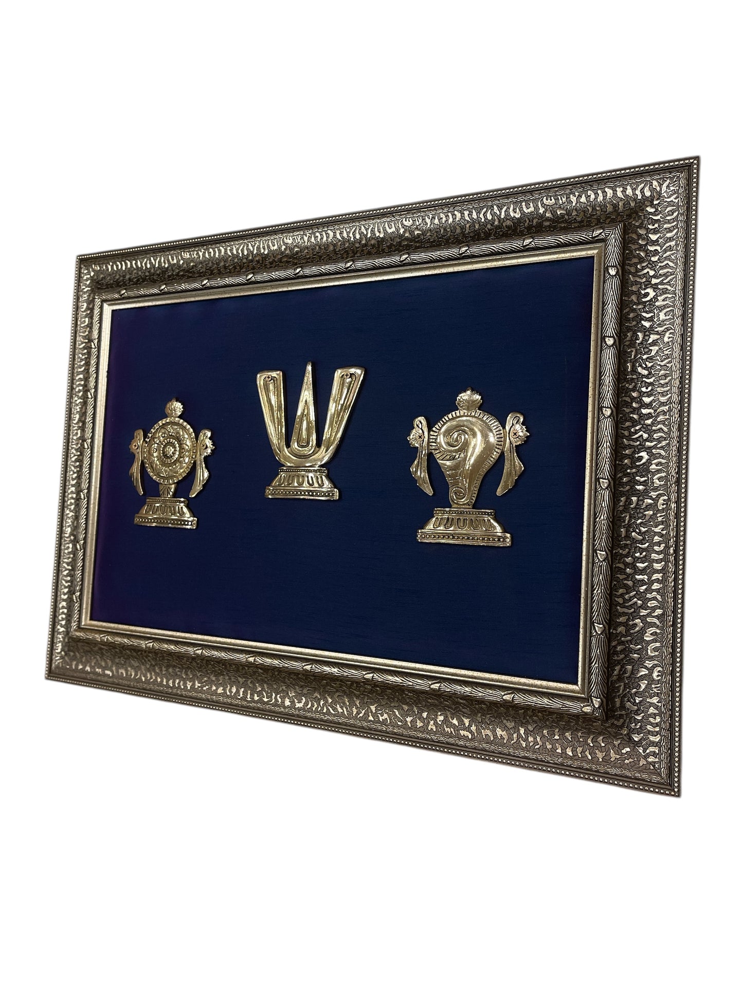 Tirupati Brass Shanku Chakra Namam with Blue Cushion in Moulded Frame