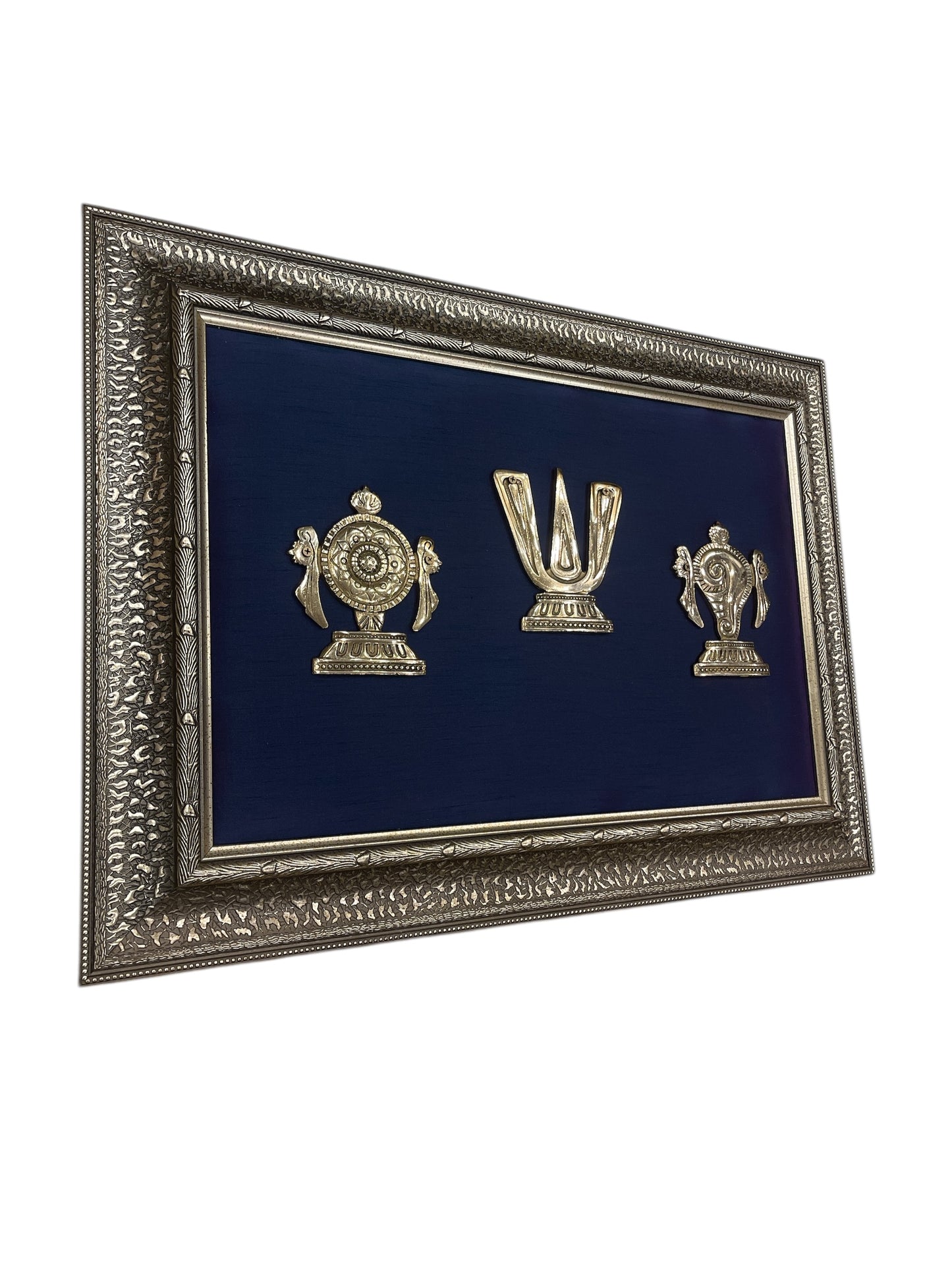 Tirupati Brass Shanku Chakra Namam with Blue Cushion in Moulded Frame