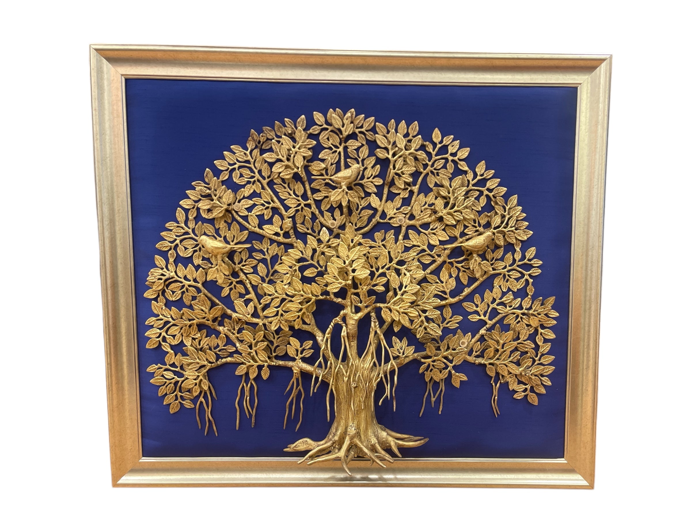 Brass Kalpavriksha Big With Blue Silk in antique gold frame