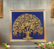 Brass Kalpavriksha Big With Blue Silk in antique gold frame