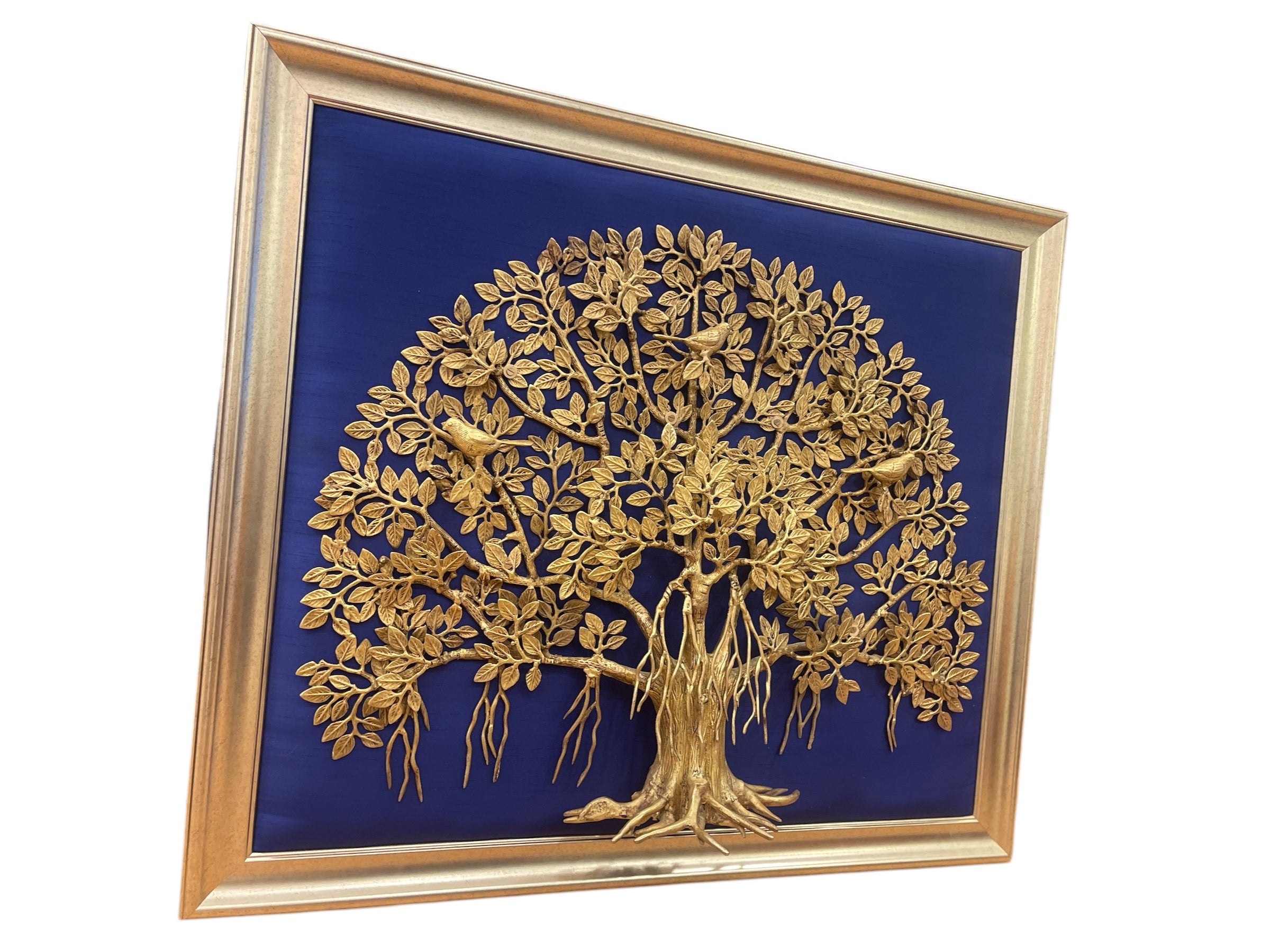 Brass Kalpavriksha Big With Blue Silk in antique gold frame