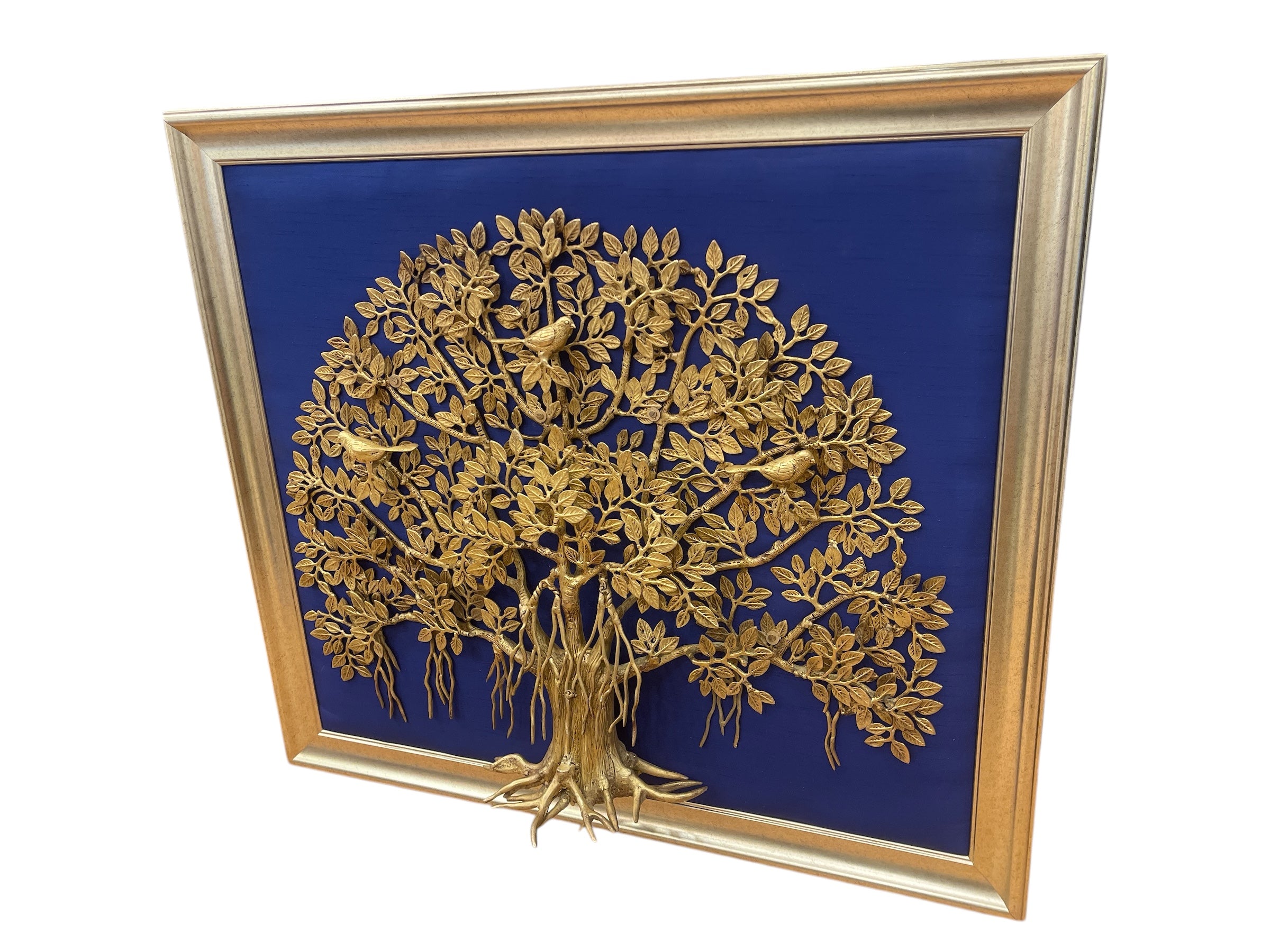 Brass Kalpavriksha Big With Blue Silk in antique gold frame