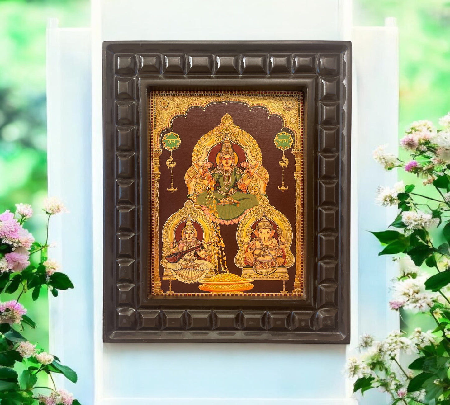 Lakshmi Ganesha Saraswati Gold foiled art in wooden frame