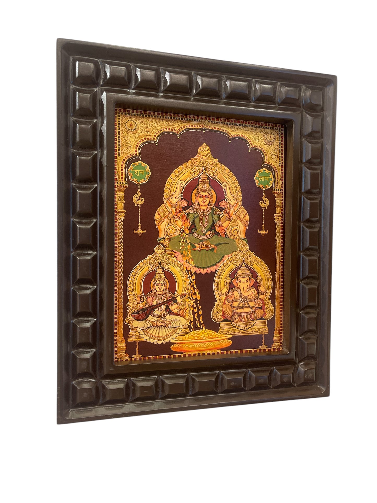 Lakshmi Ganesha Saraswati Gold foiled art in wooden frame