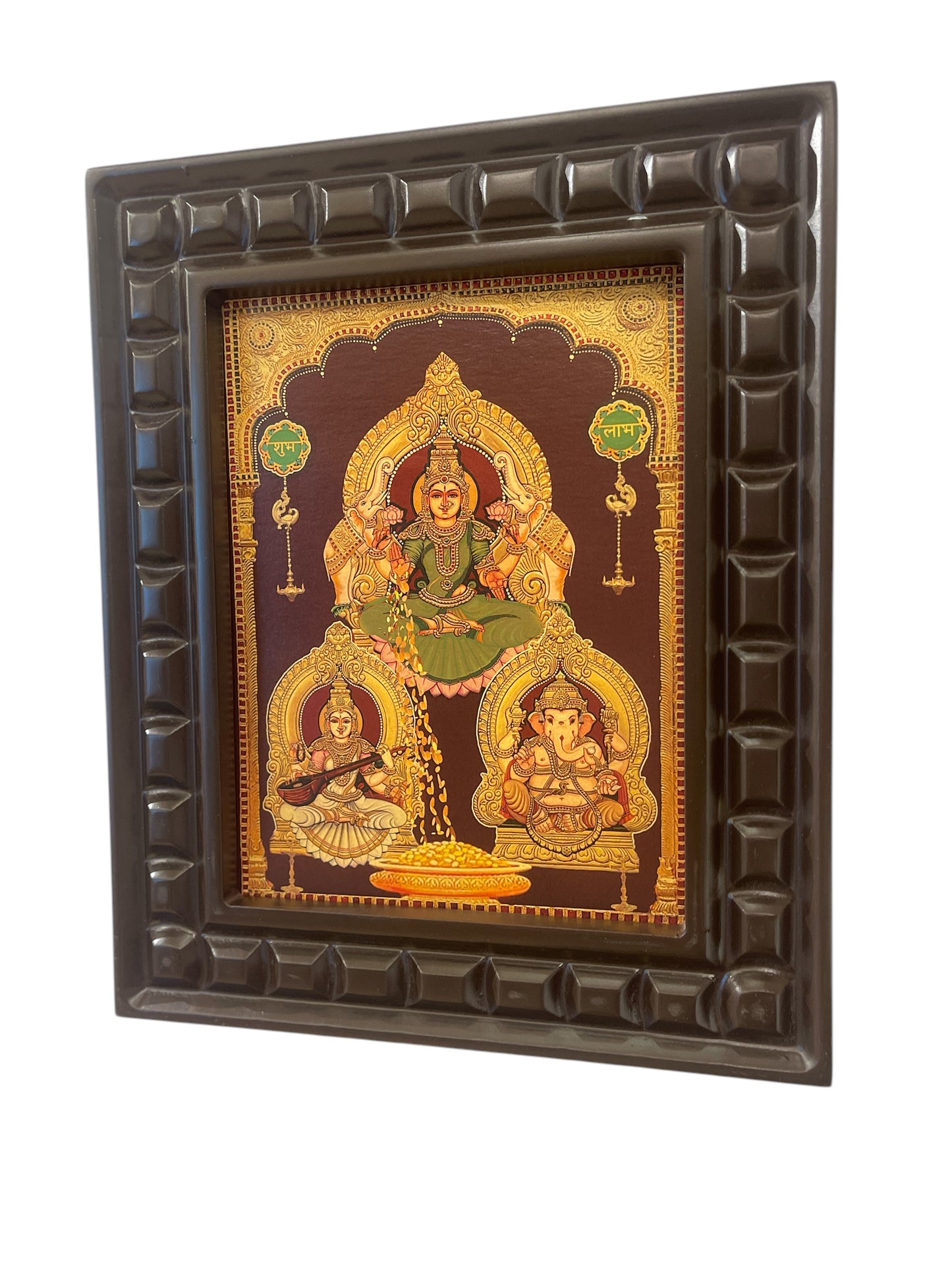 Lakshmi Ganesha Saraswati Gold foiled art in wooden frame