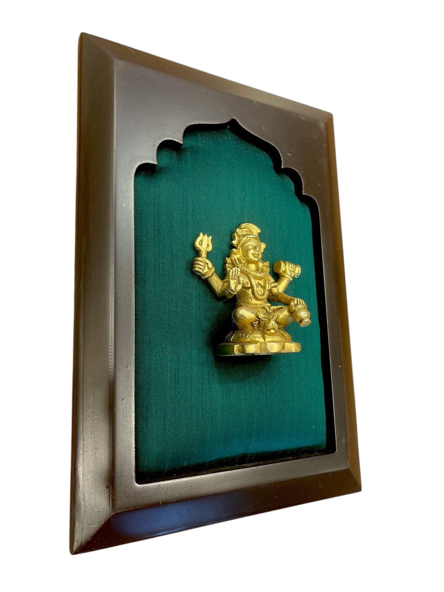 Brass Shiva with green silk in wooden frame