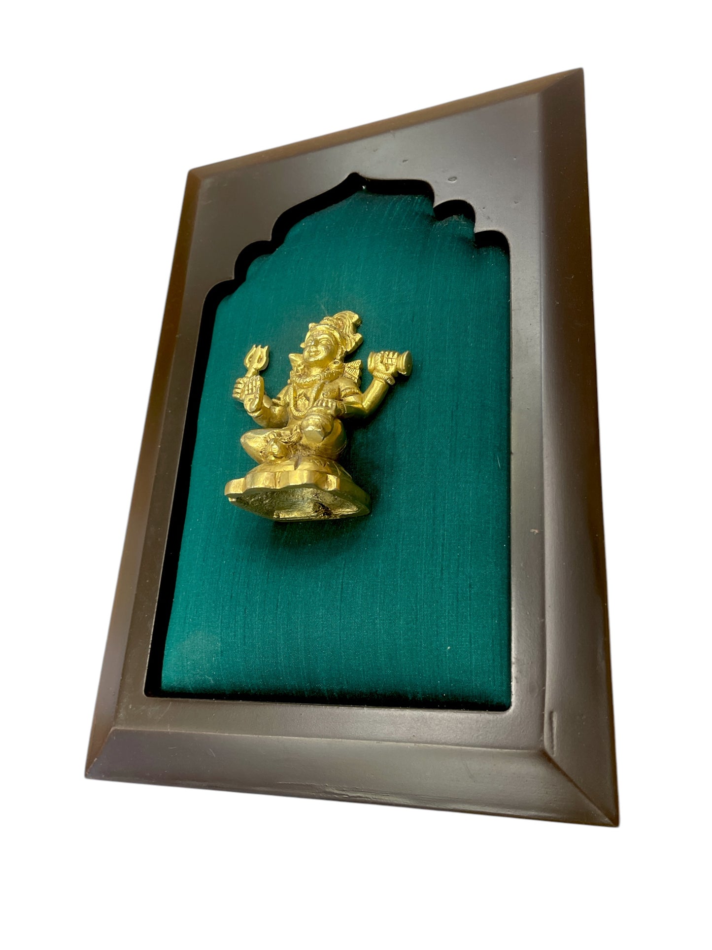 Brass Shiva with green silk in wooden frame