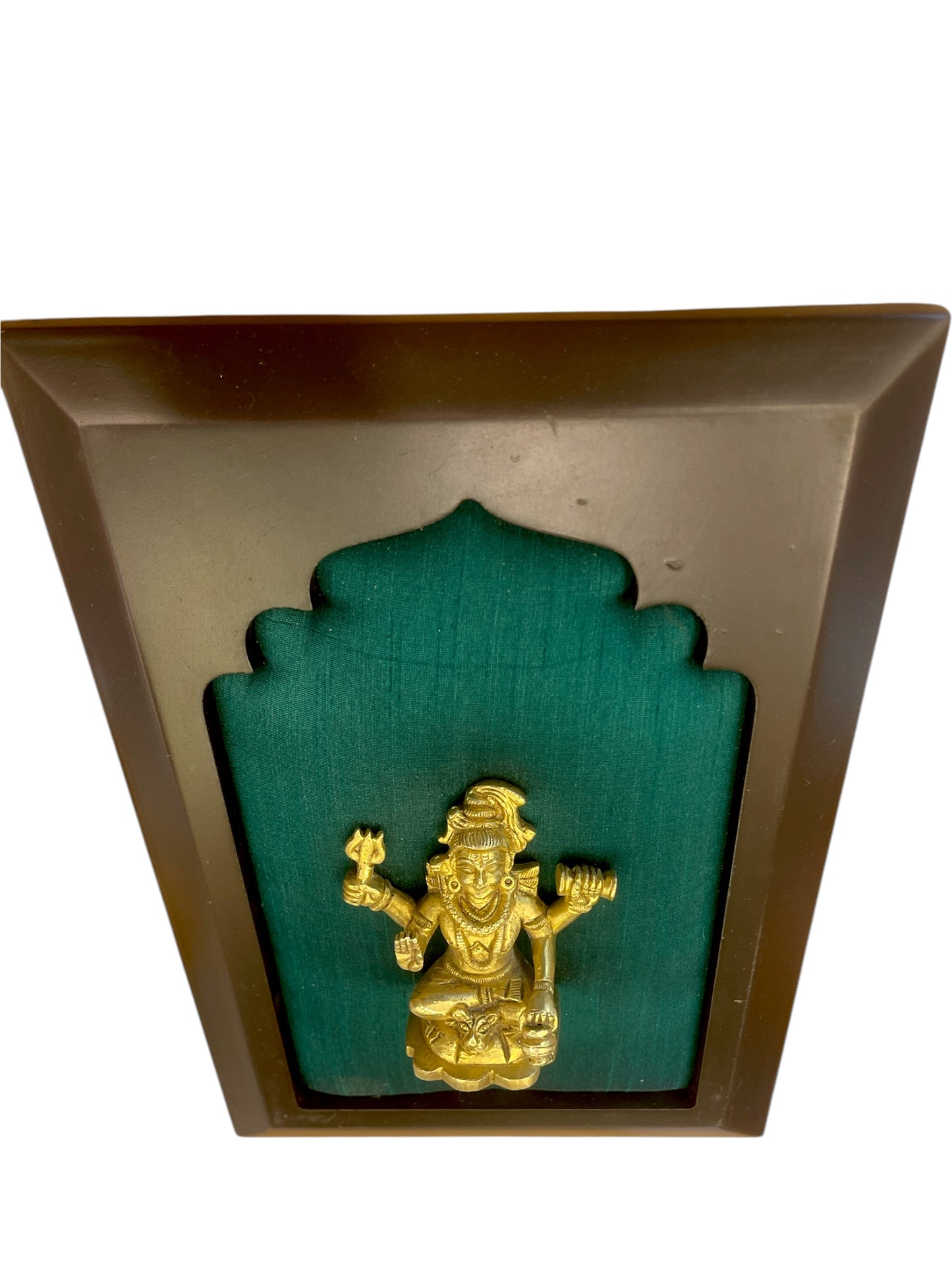 Brass Shiva with green silk in wooden frame