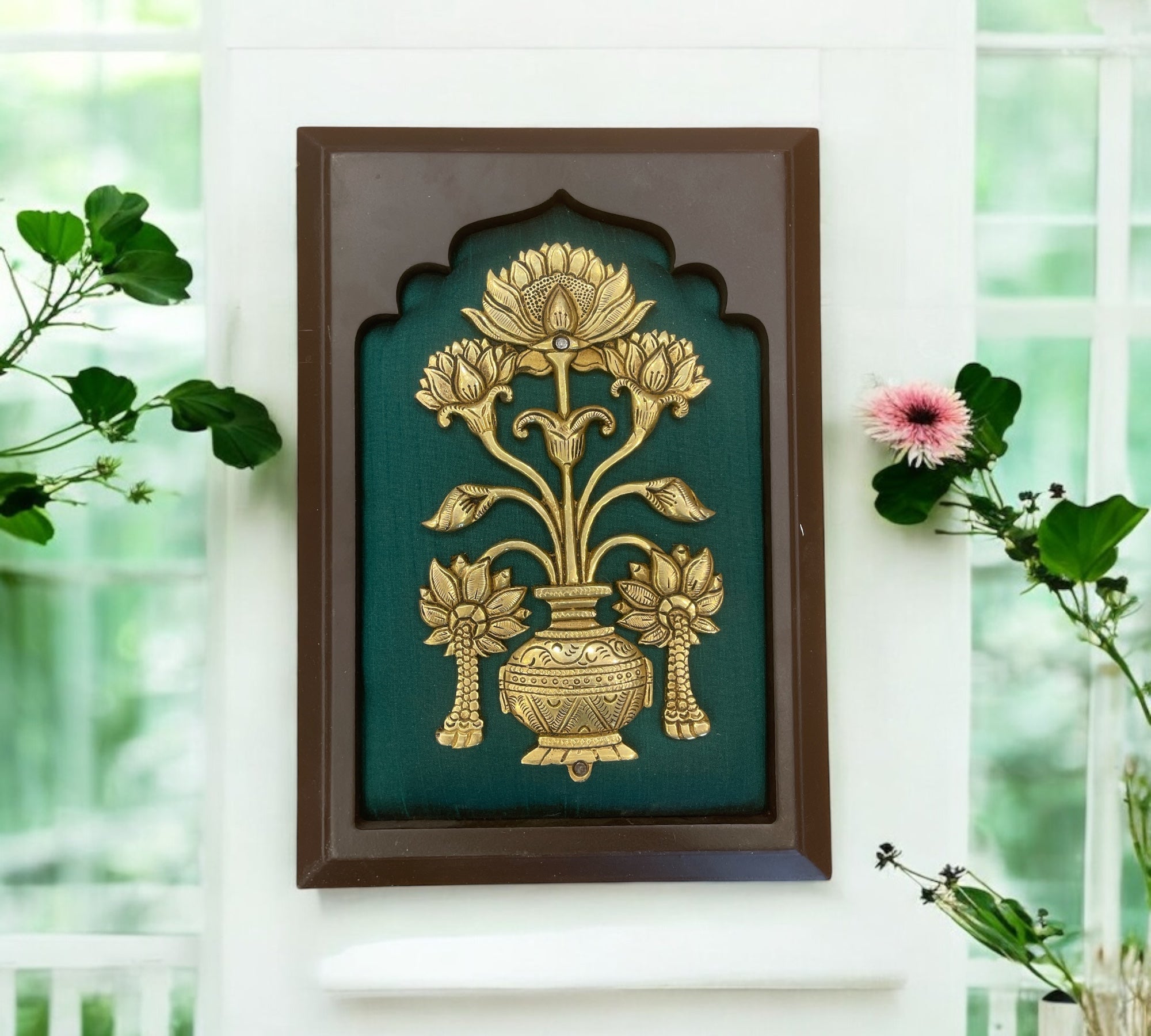 Brass Flower vase with Green silk in wooden frame