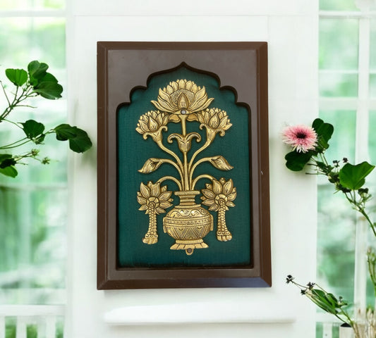 Brass Flower Pot with Green silk in wooden frame