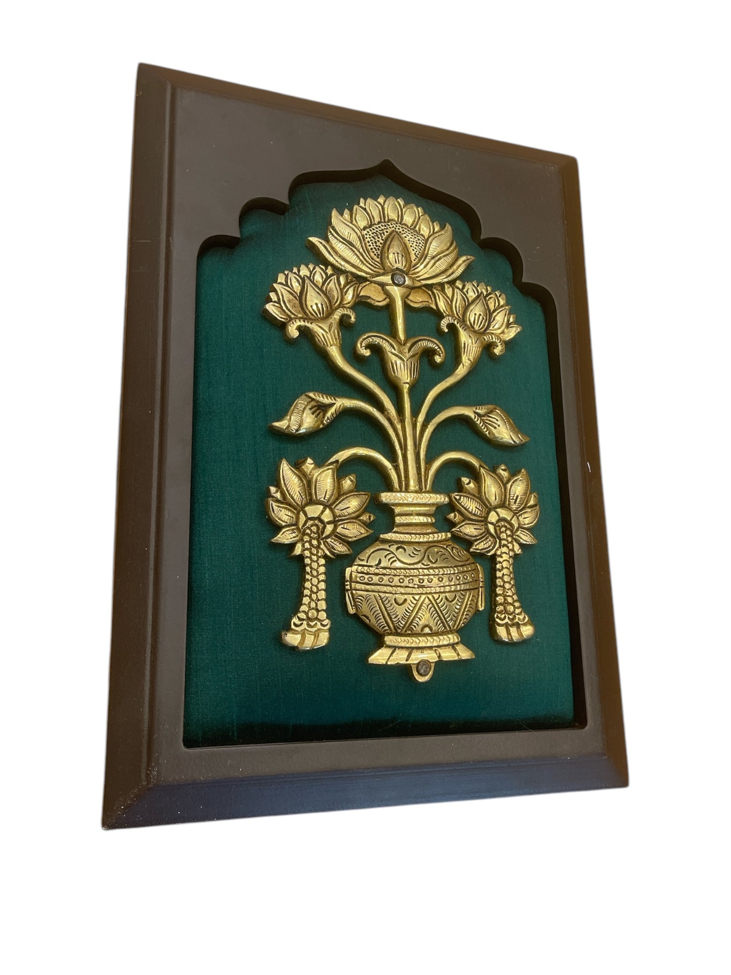 Brass Flower Pot with Green silk in wooden frame