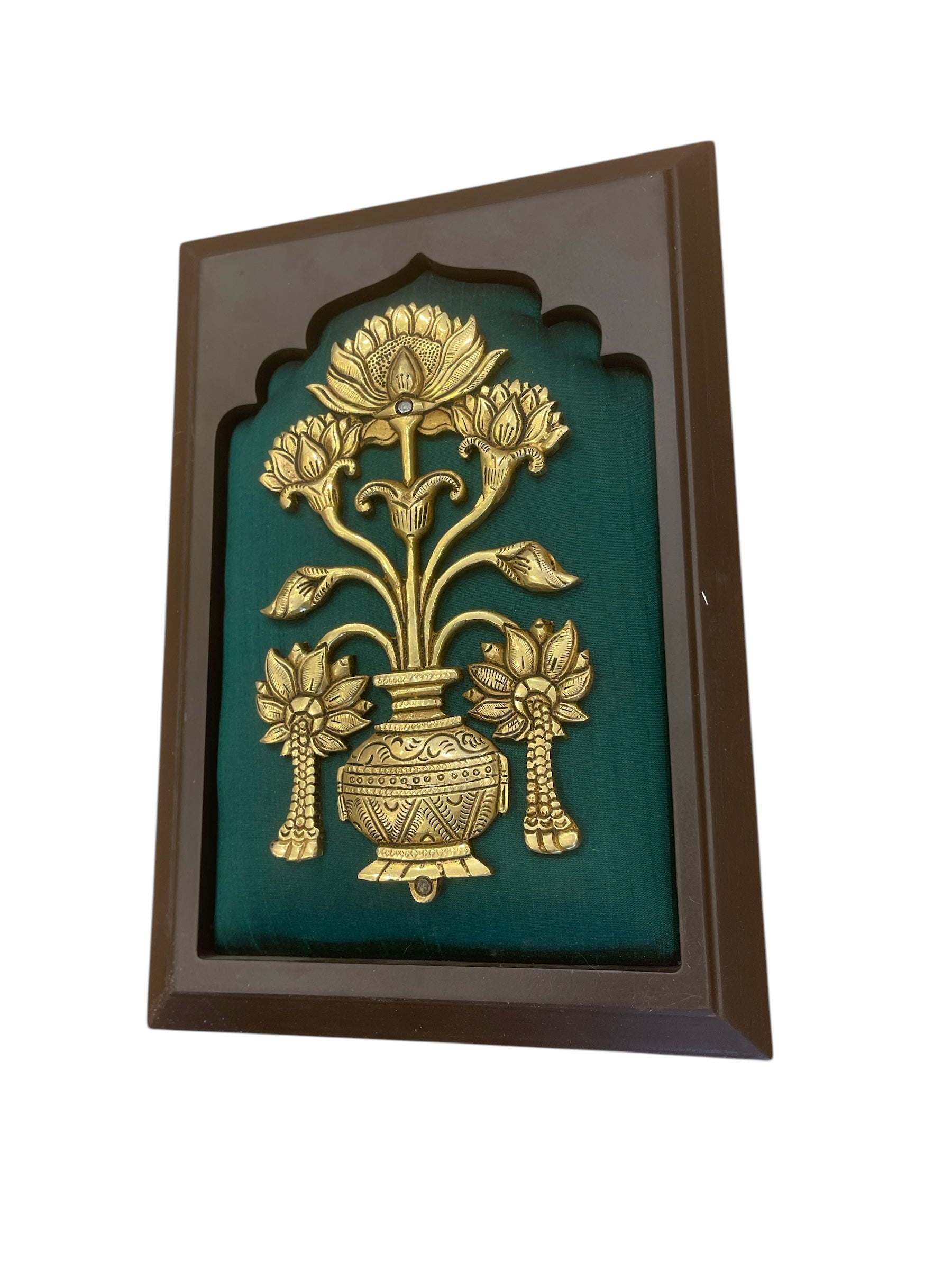 Brass Flower vase with Green silk in wooden frame