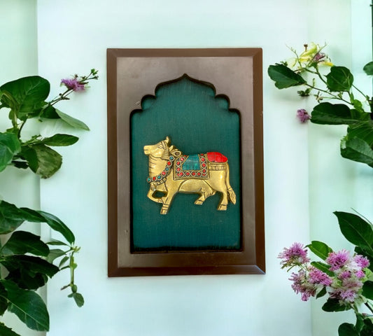 Brass Kamadhenu with stonework & Green Silk in Wooden frame