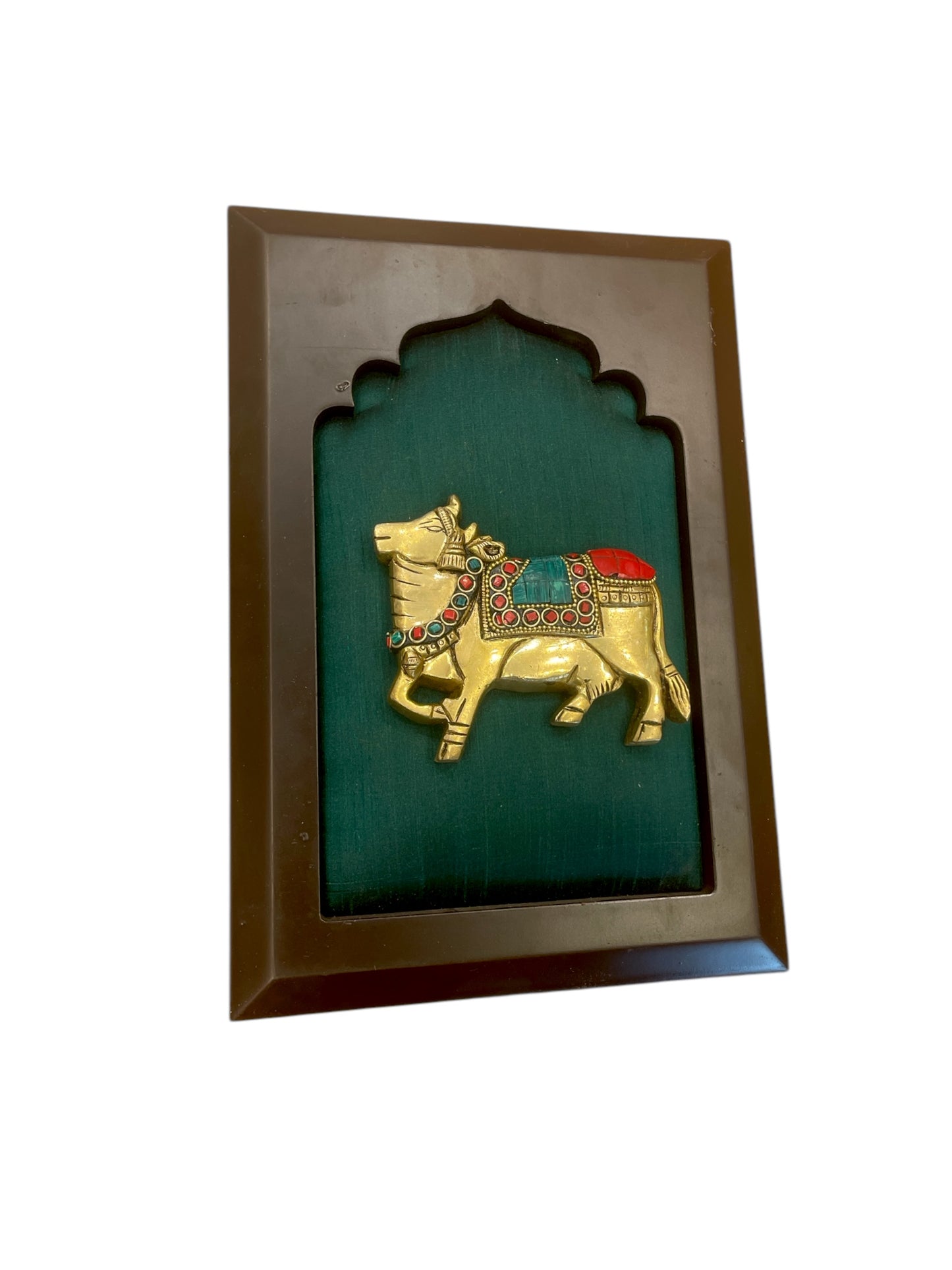 Brass Kamadhenu with stonework & Green Silk in Wooden frame