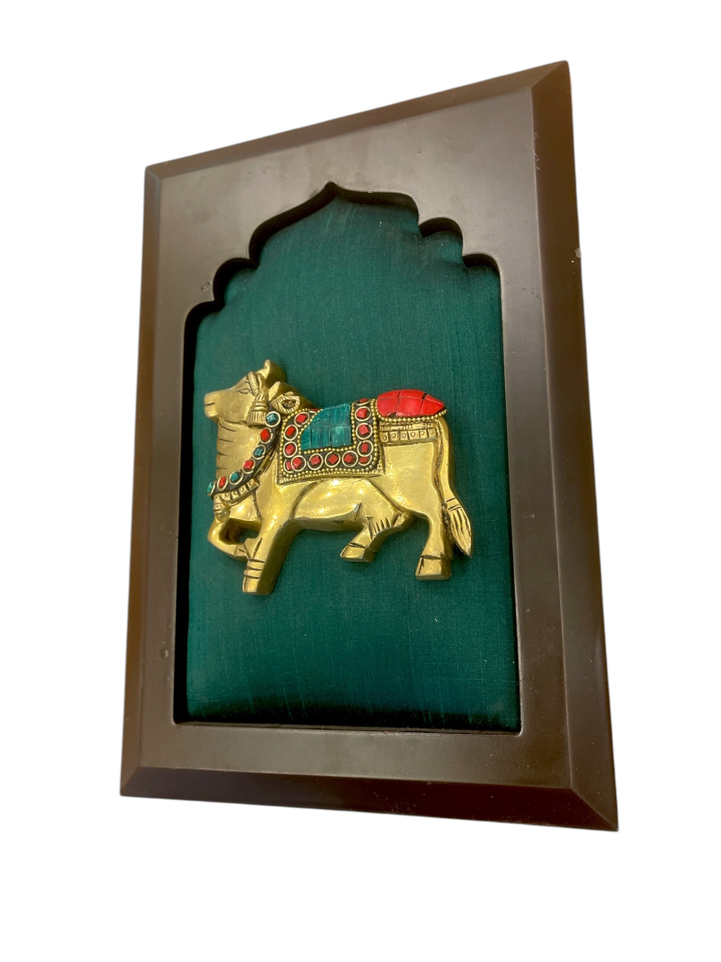 Brass Kamadhenu with stonework & Green Silk in Wooden frame