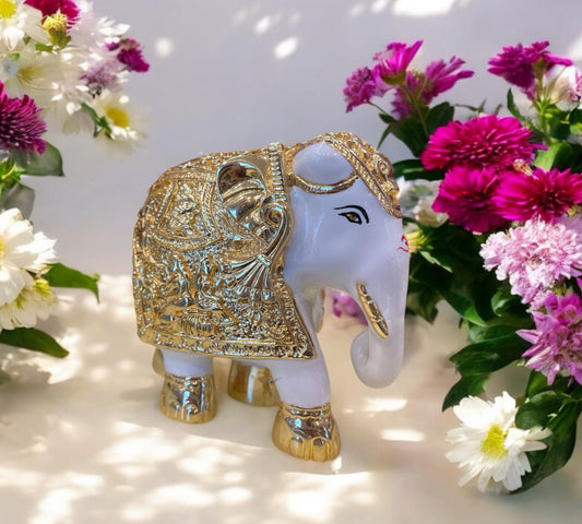 Porcelain Elephant with Gold finish , Trunk Down