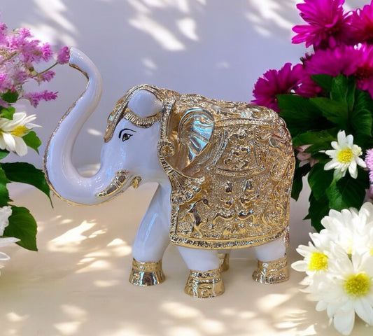 Porcelain Elephant with Gold finish , Trunk up