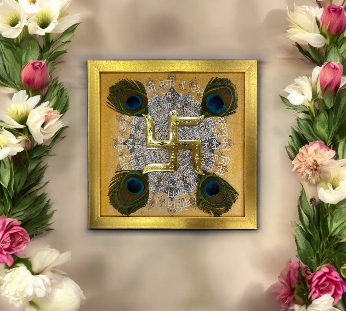 Brass Swastik with Peacock Feather & Omkara Mantram in Gold frame