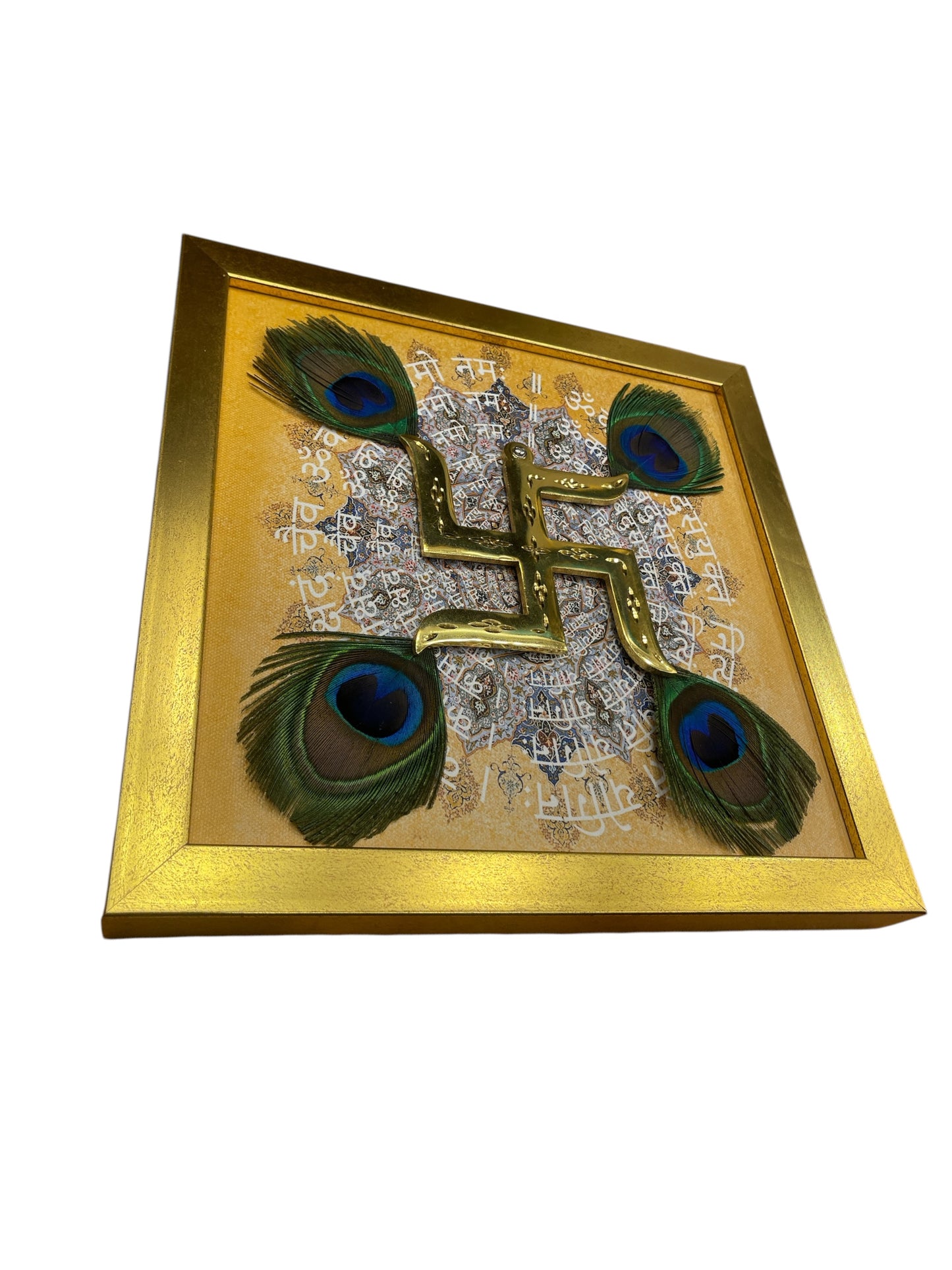 Brass Swastik with Peacock Feather & Omkara Mantram in Gold frame