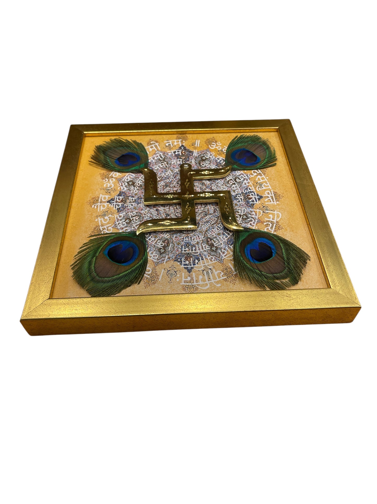 Brass Swastik with Peacock Feather & Omkara Mantram in Gold frame