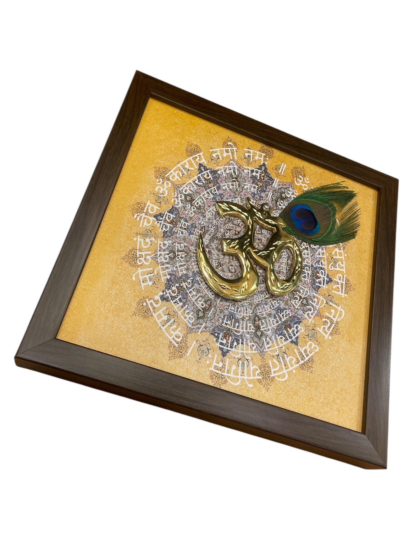 Brass Om with Peacock Feather & Omkara Mantra in Brown frame