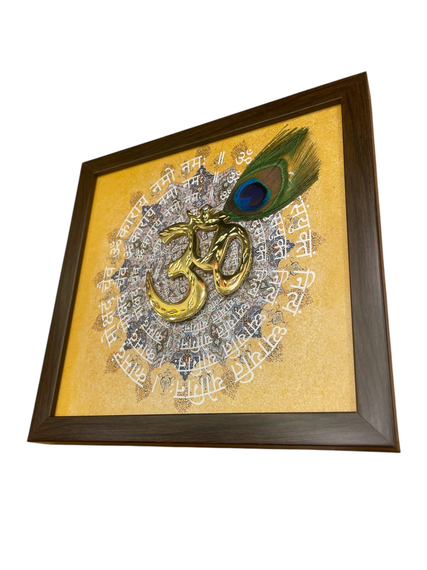 Brass Om with Peacock Feather & Omkara Mantra in Brown frame