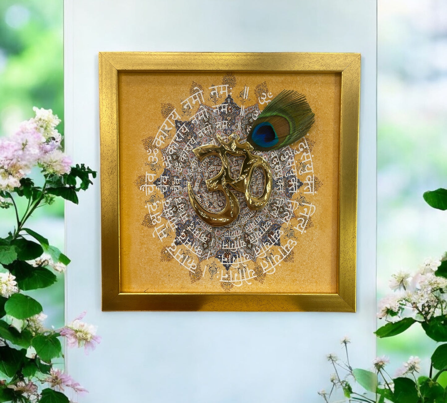 Brass Om with Peacock Feather & Omkara Mantra in Gold frame