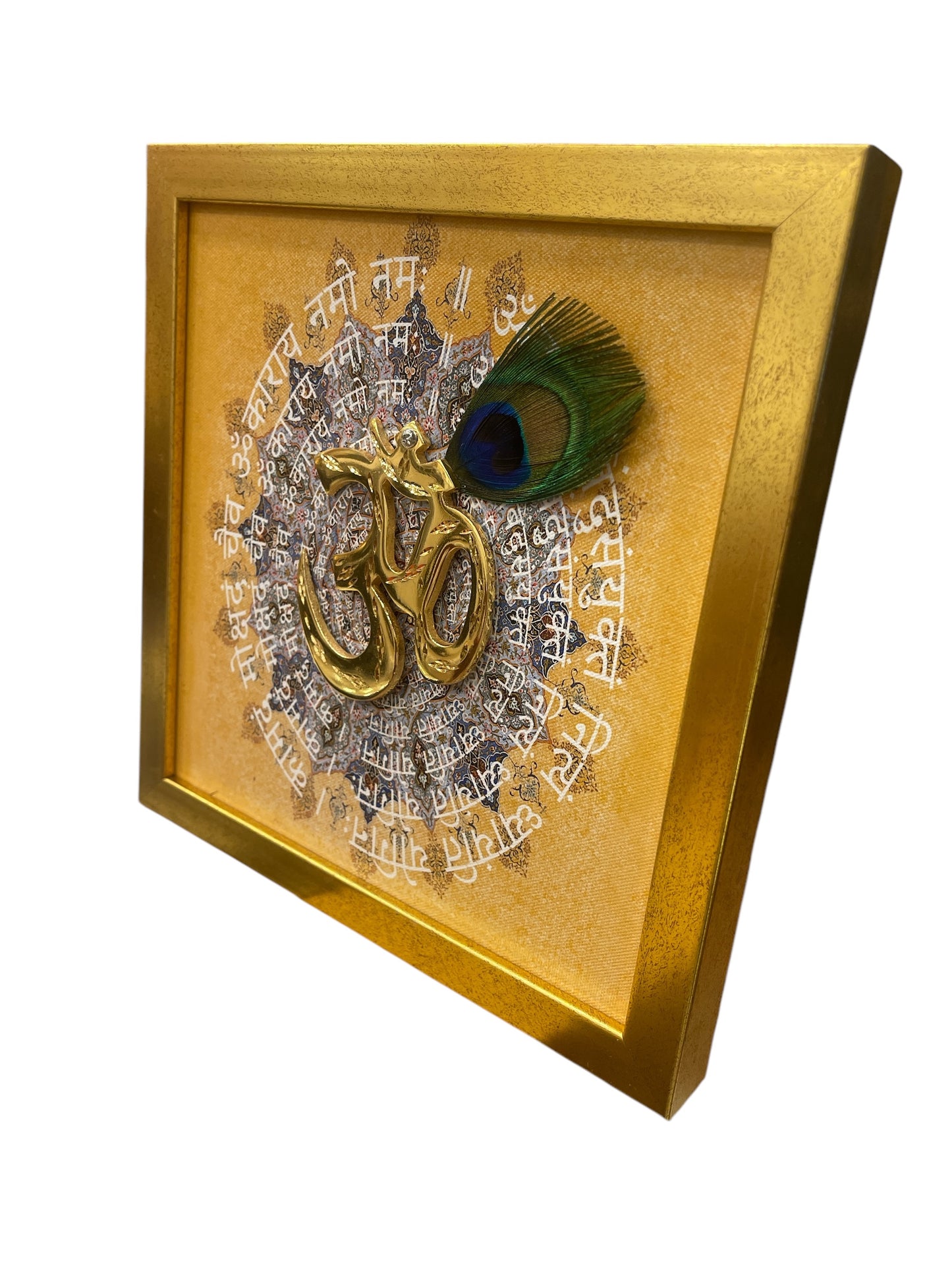 Brass Om with Peacock Feather & Omkara Mantra in Gold frame