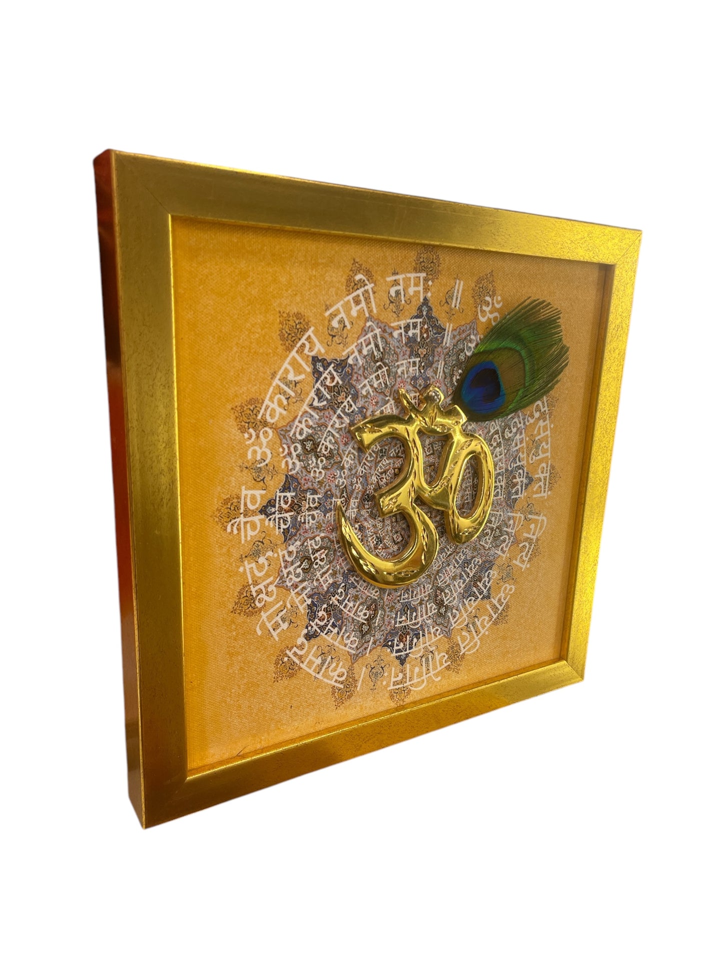 Brass Om with Peacock Feather & Omkara Mantra in Gold frame