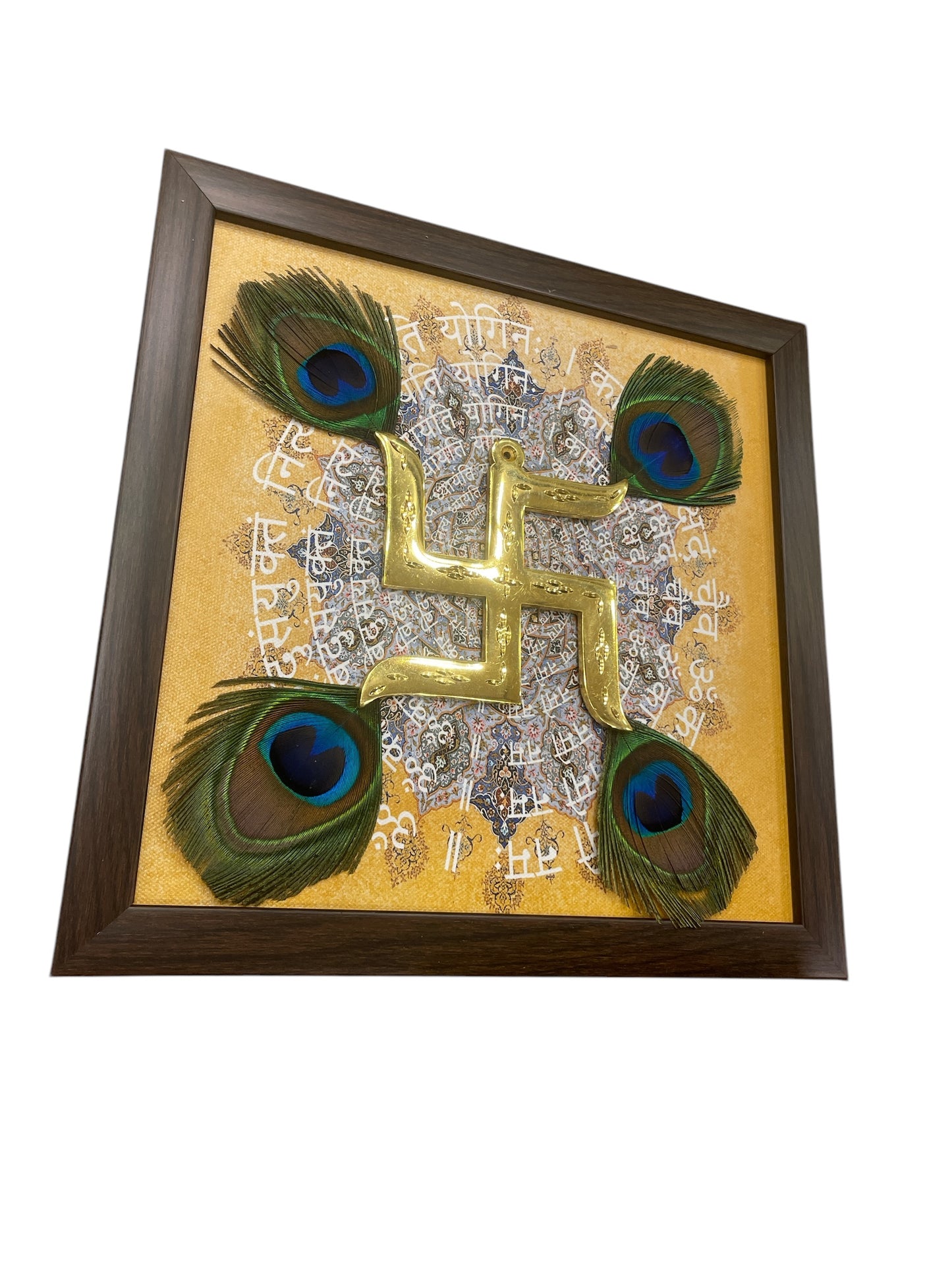 Brass Swastik with peacock feathers & Omkara mantra in Brown frame