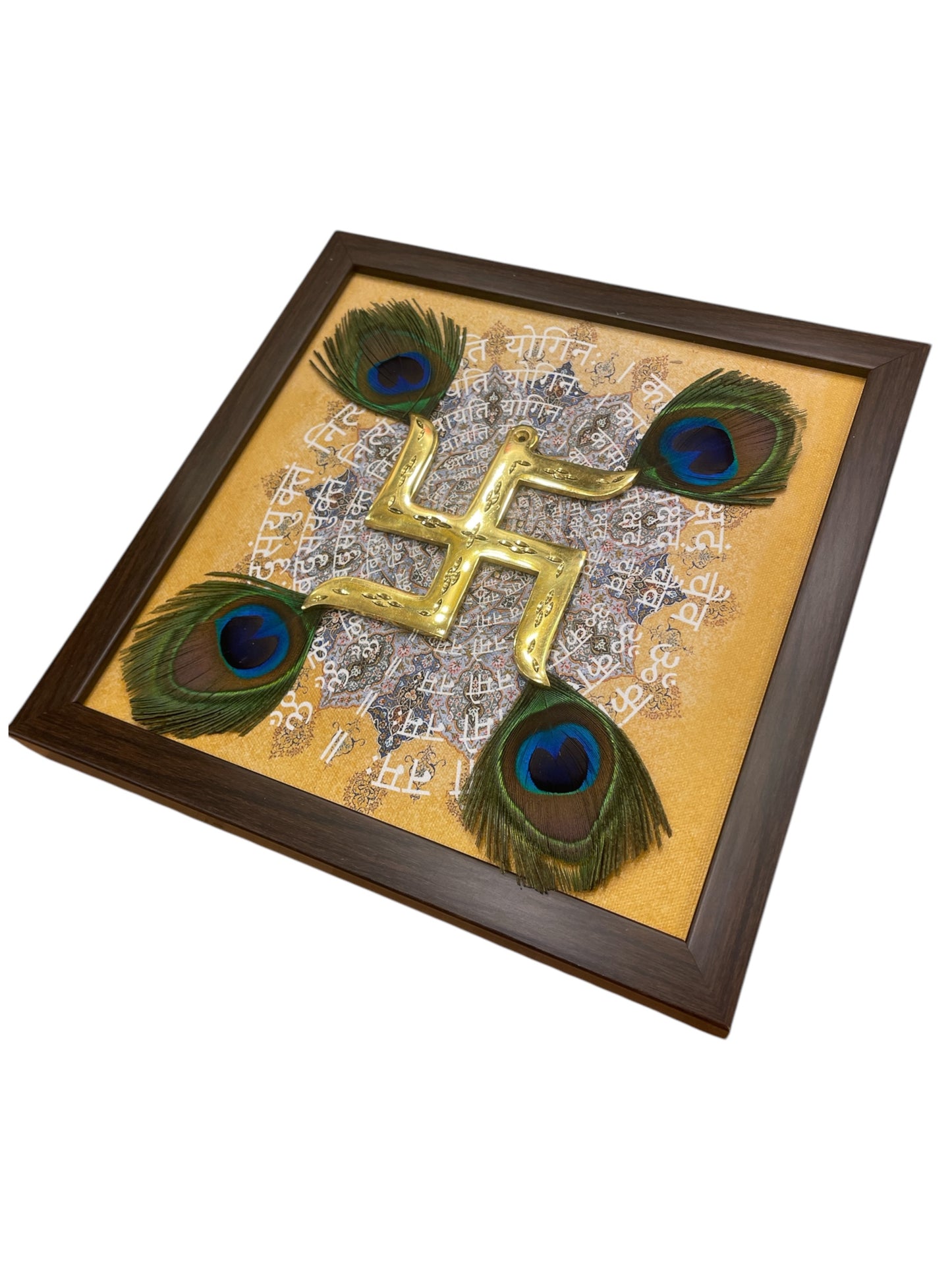 Brass Swastik with peacock feathers & Omkara mantra in Brown frame