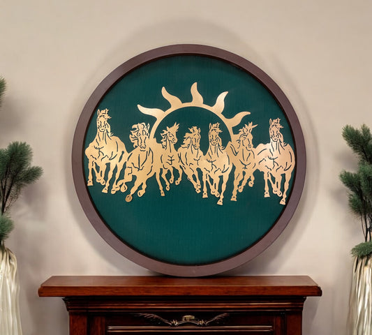 Metal Seven Running Horses with Rama Green silk in circular frame