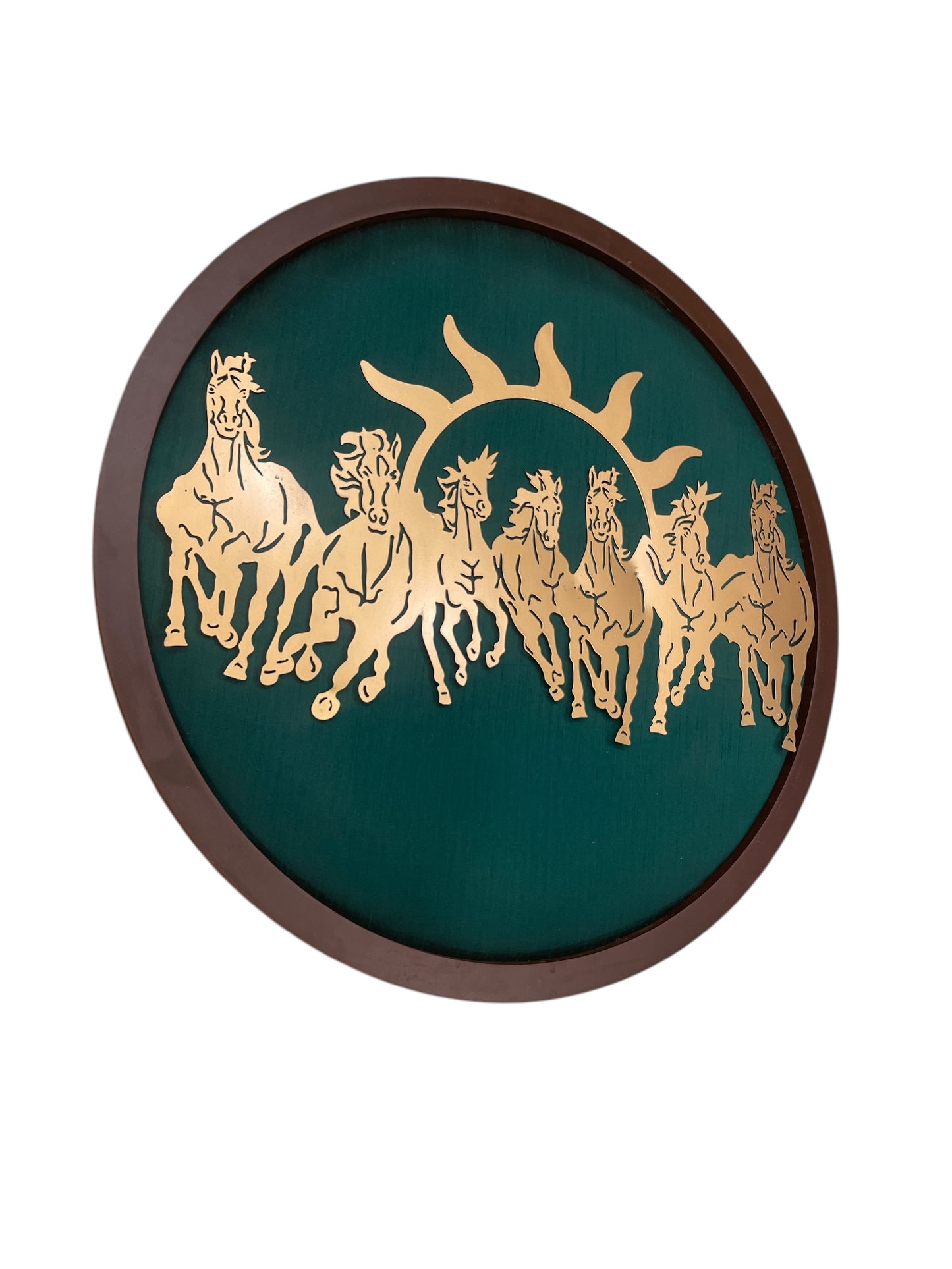 Metal Seven Running Horses with Rama Green silk in circular frame