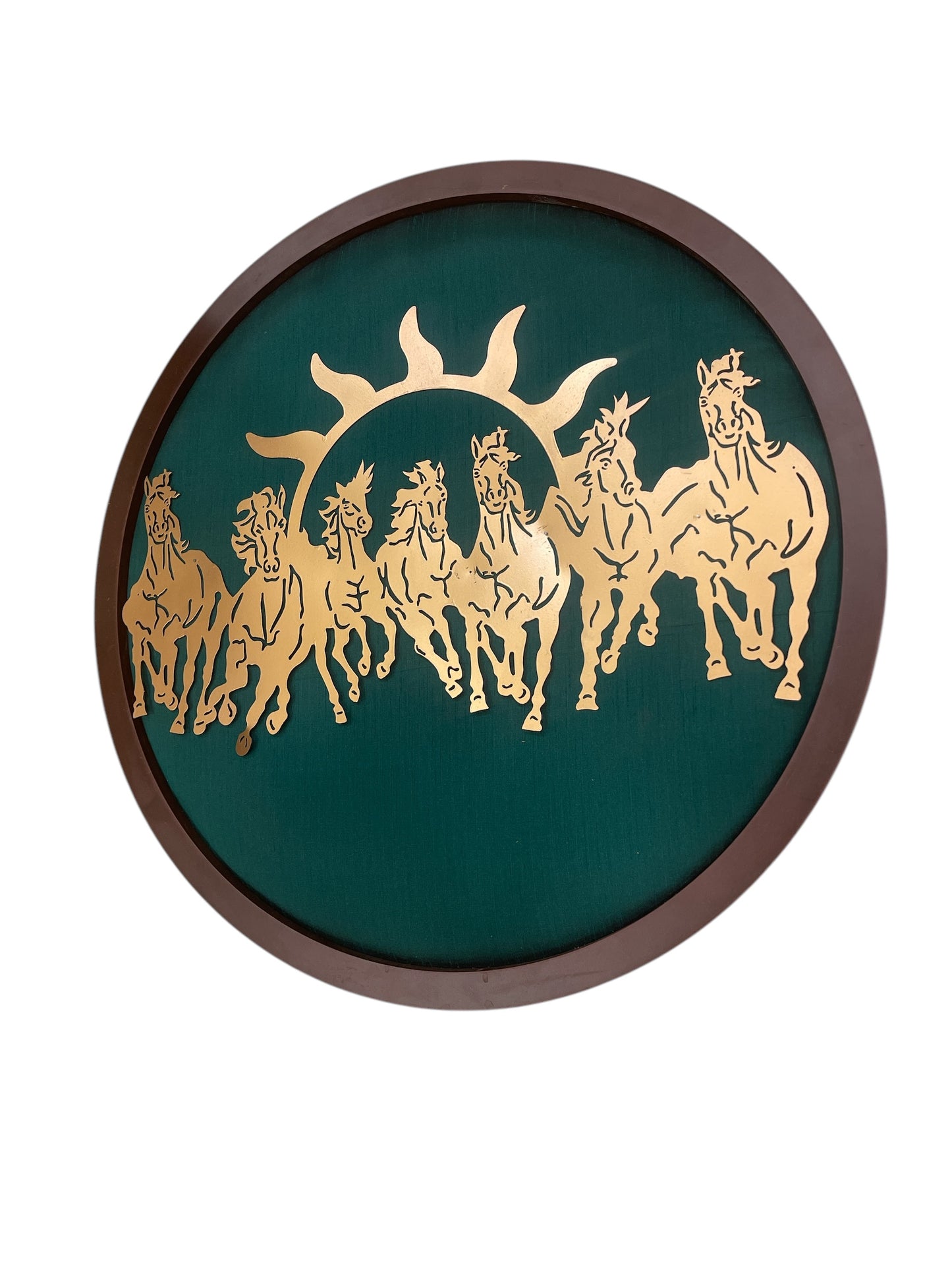 Metal Seven Running Horses with Rama Green silk in circular frame