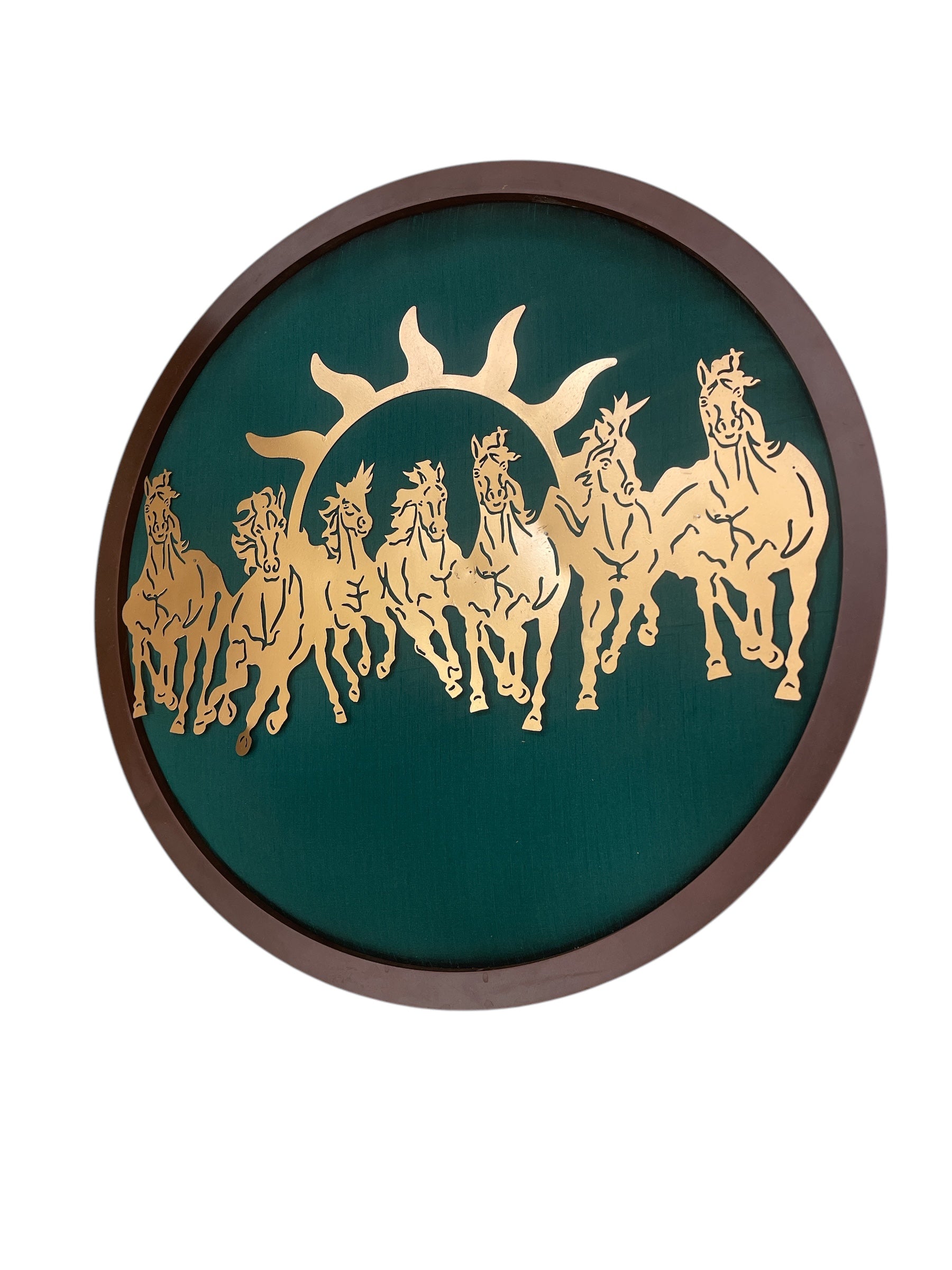 7 Running Horses with Rama Green silk in circular frame