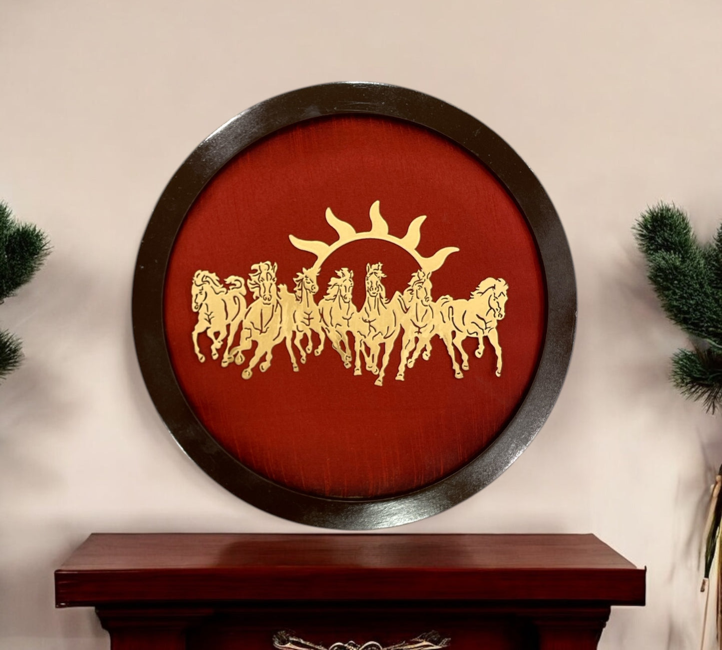 Metal Seven Running Horses with Red Silk in Circular Frame