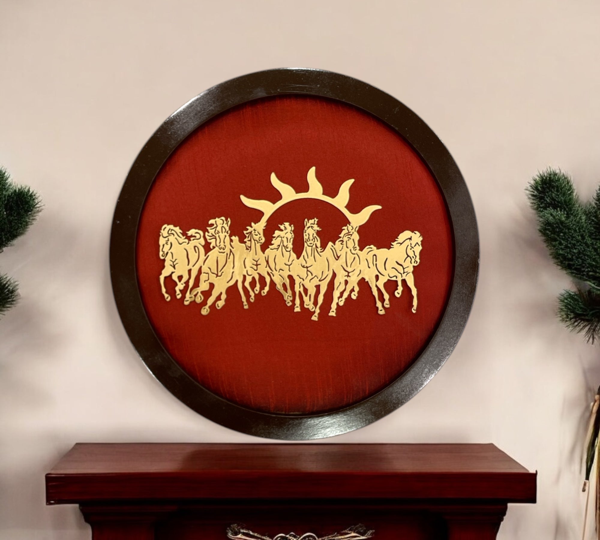 7 Running Horses with Red Silk in Circular Frame
