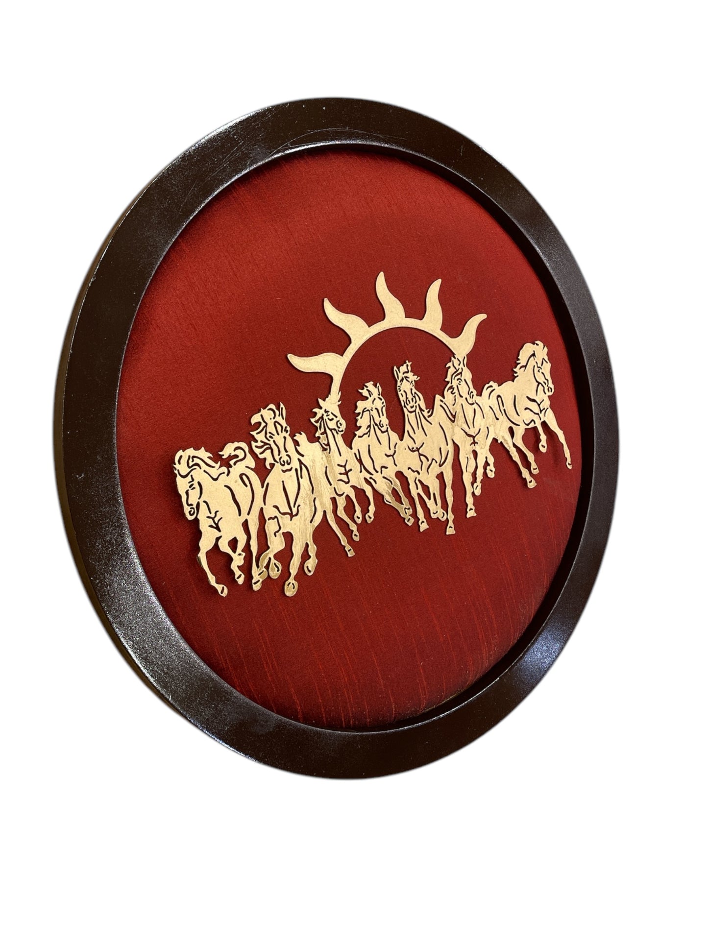 Metal Seven Running Horses with Red Silk in Circular Frame