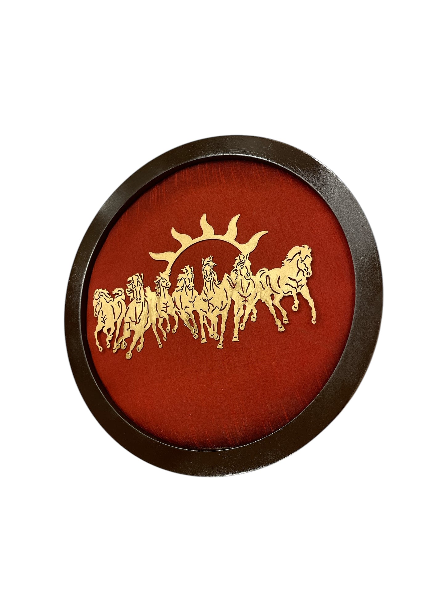 Metal Seven Running Horses with Red Silk in Circular Frame