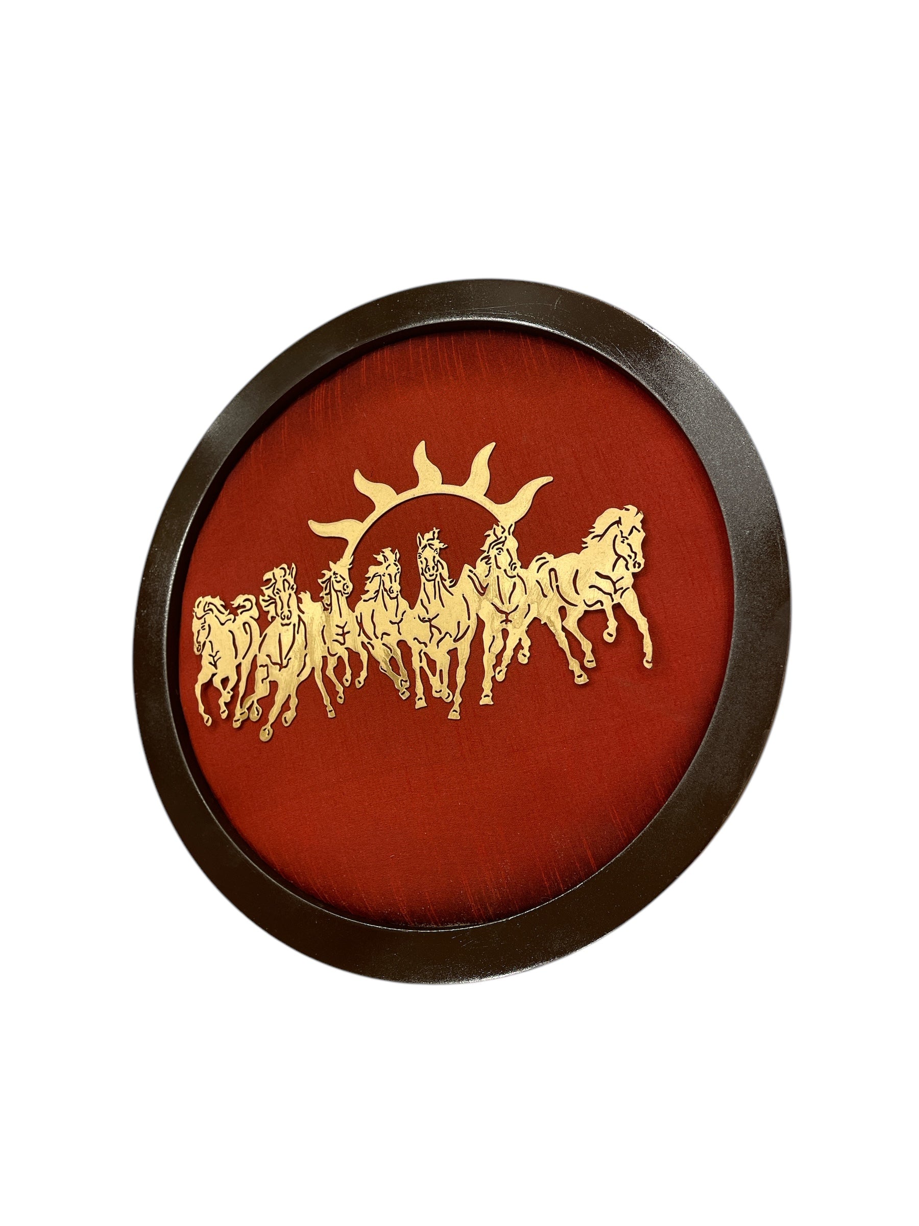 7 Running Horses with Red Silk in Circular Frame