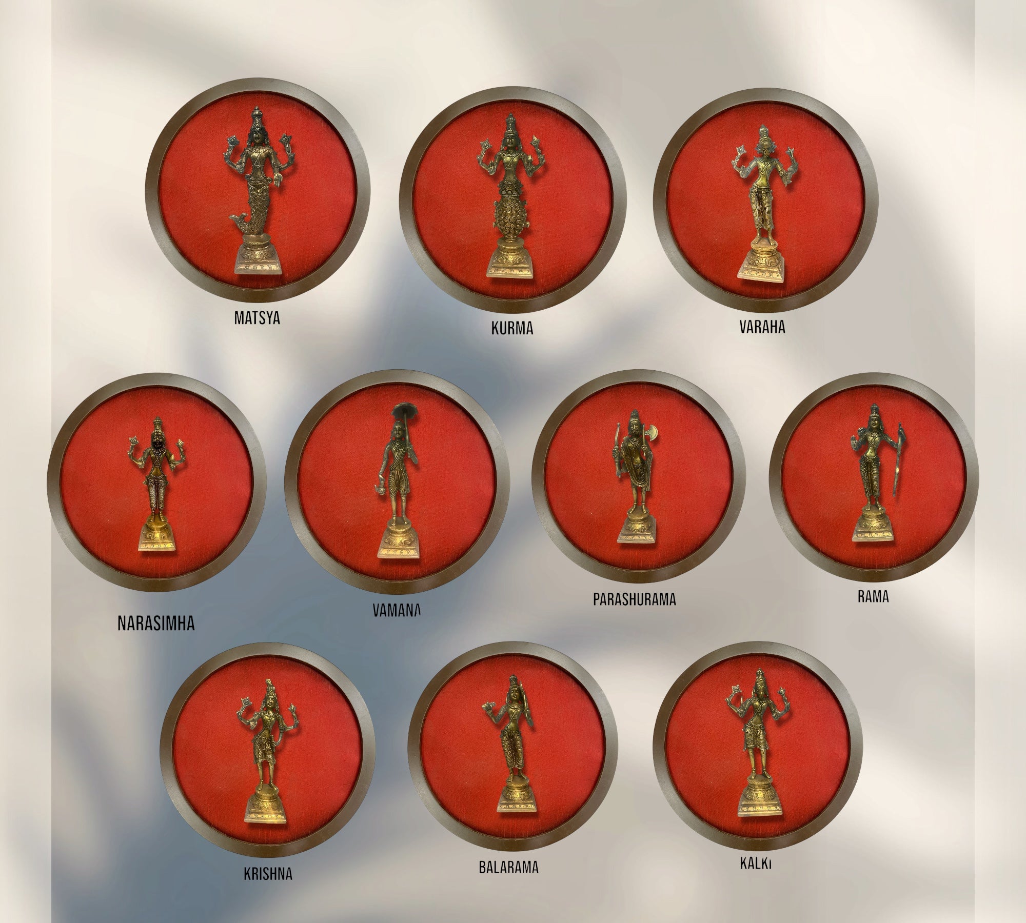 Dasha Avataram set with Wine Red Silk in Wooden Circular Frame