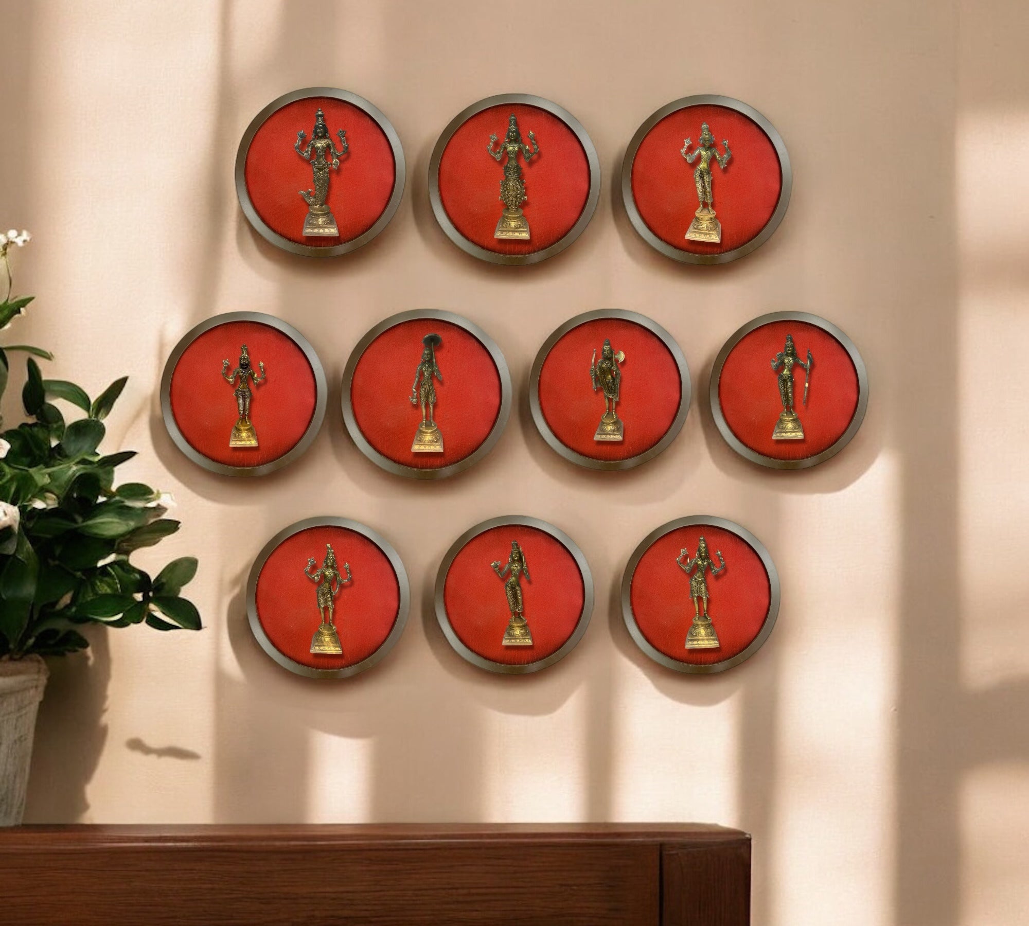 Dasha Avataram set with Wine Red Silk in Wooden Circular Frame