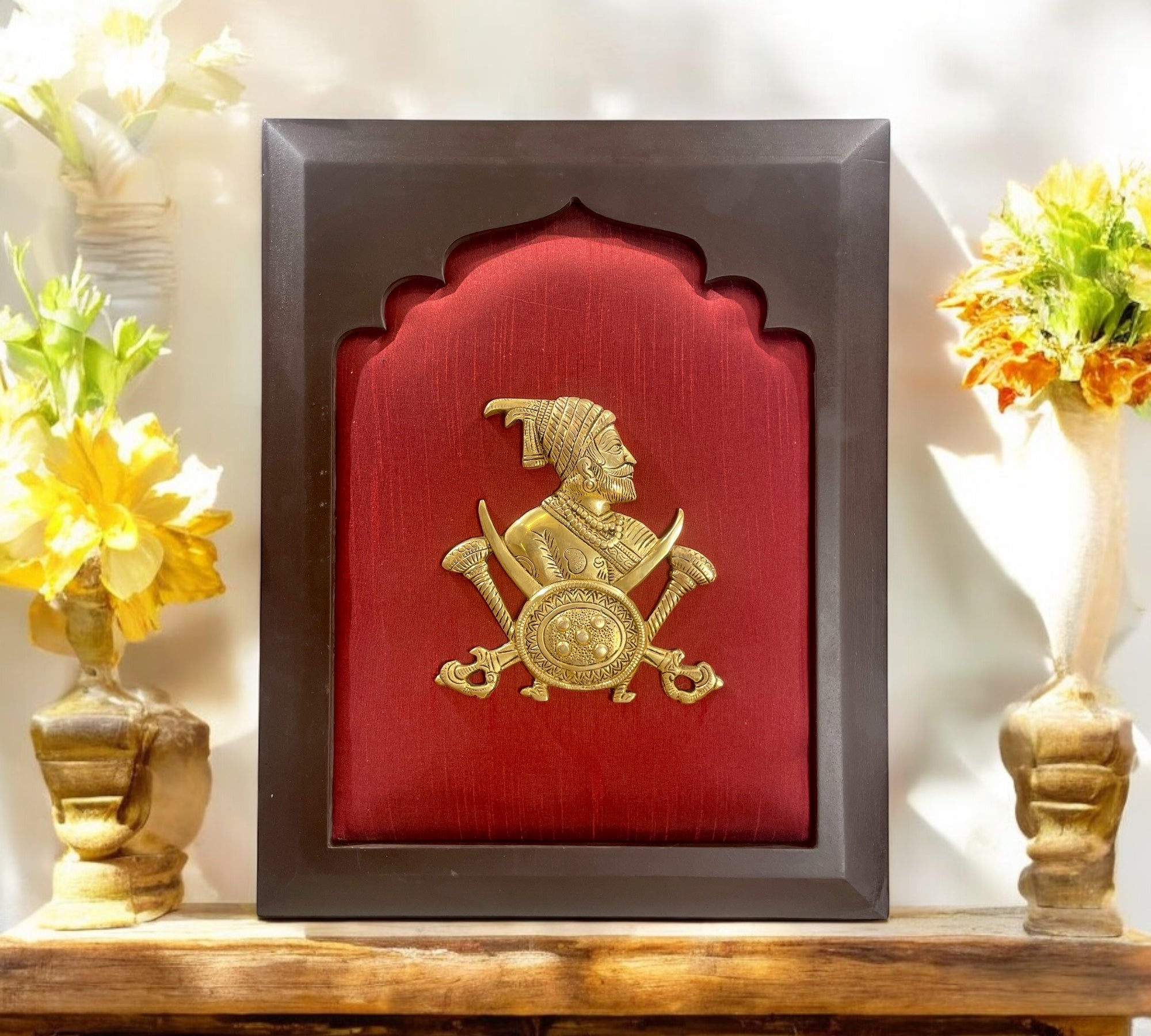 Shivaji : Chatrapati Shivaji Maharaj Brass with Red silk in wooden Frame
