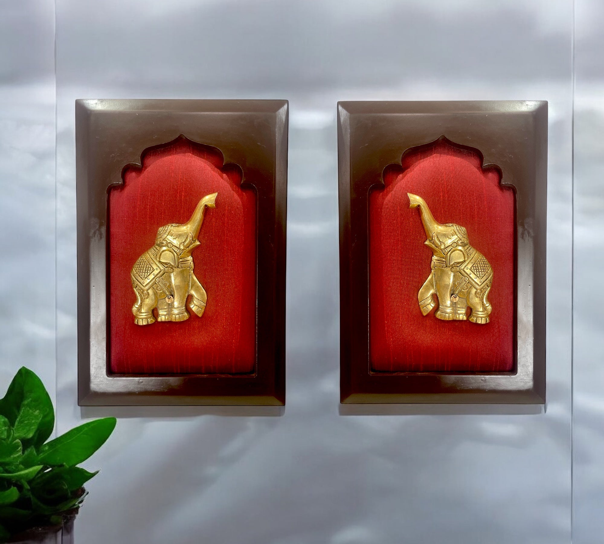 Elephants Brass Pair with Red silk in Wooden frame