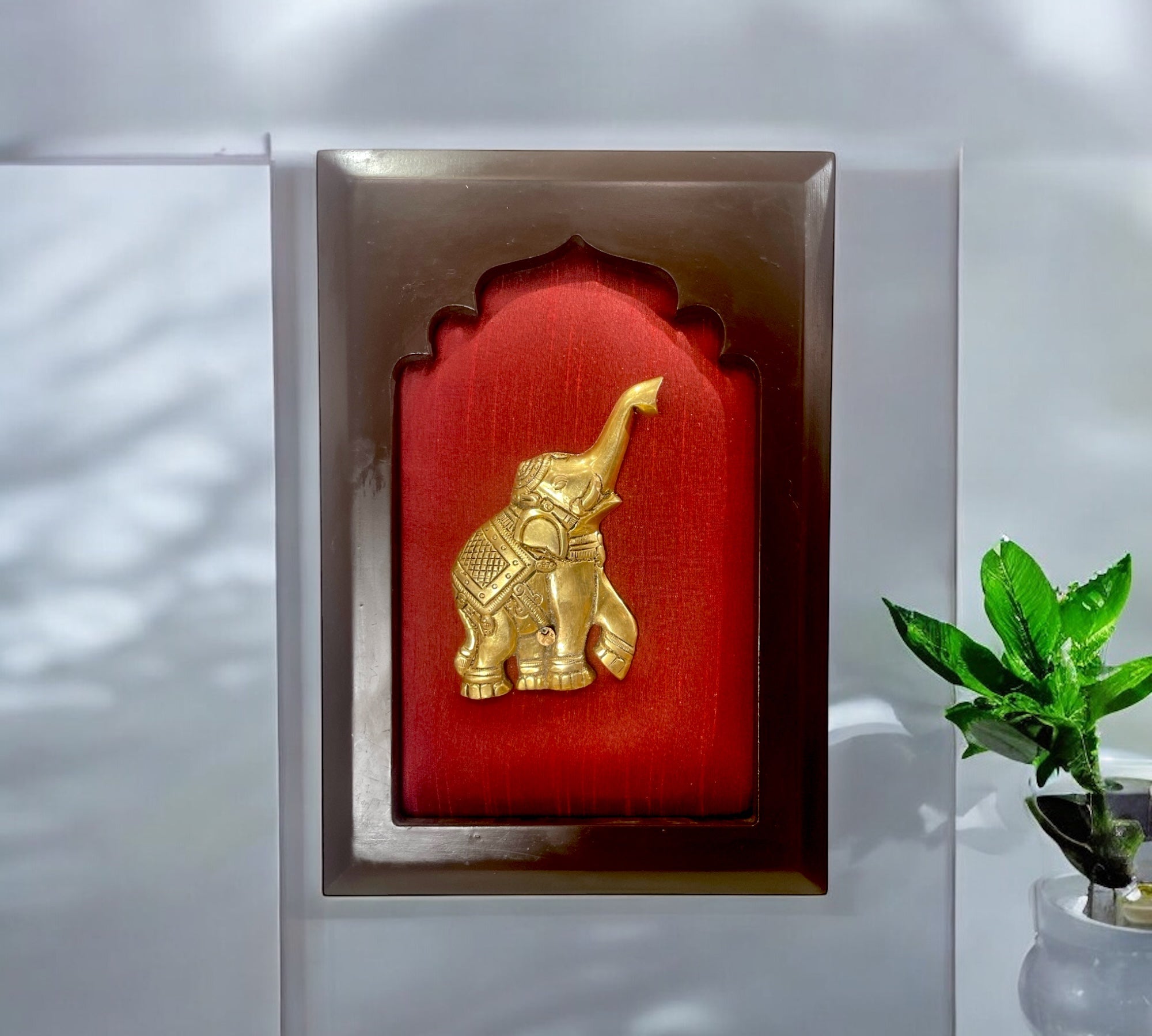 Elephants Brass Pair with Red silk in Wooden frame