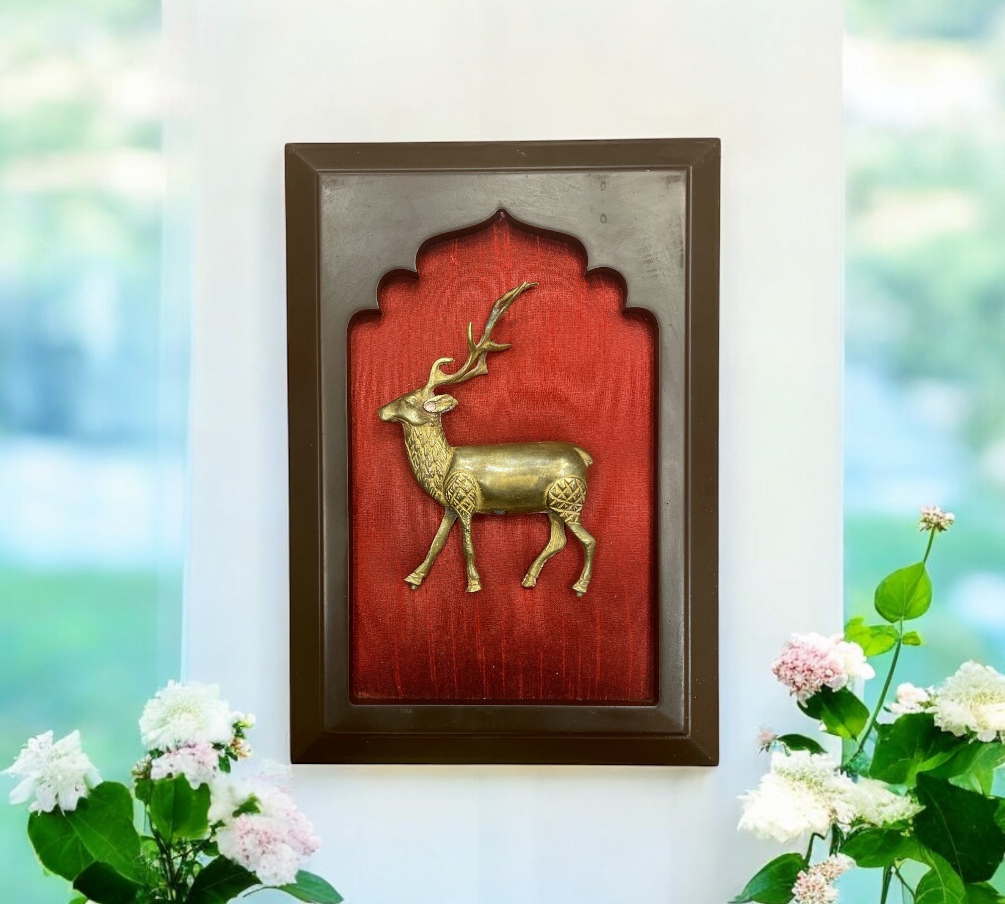 Brass Deer with Wine red silk in wooden frame