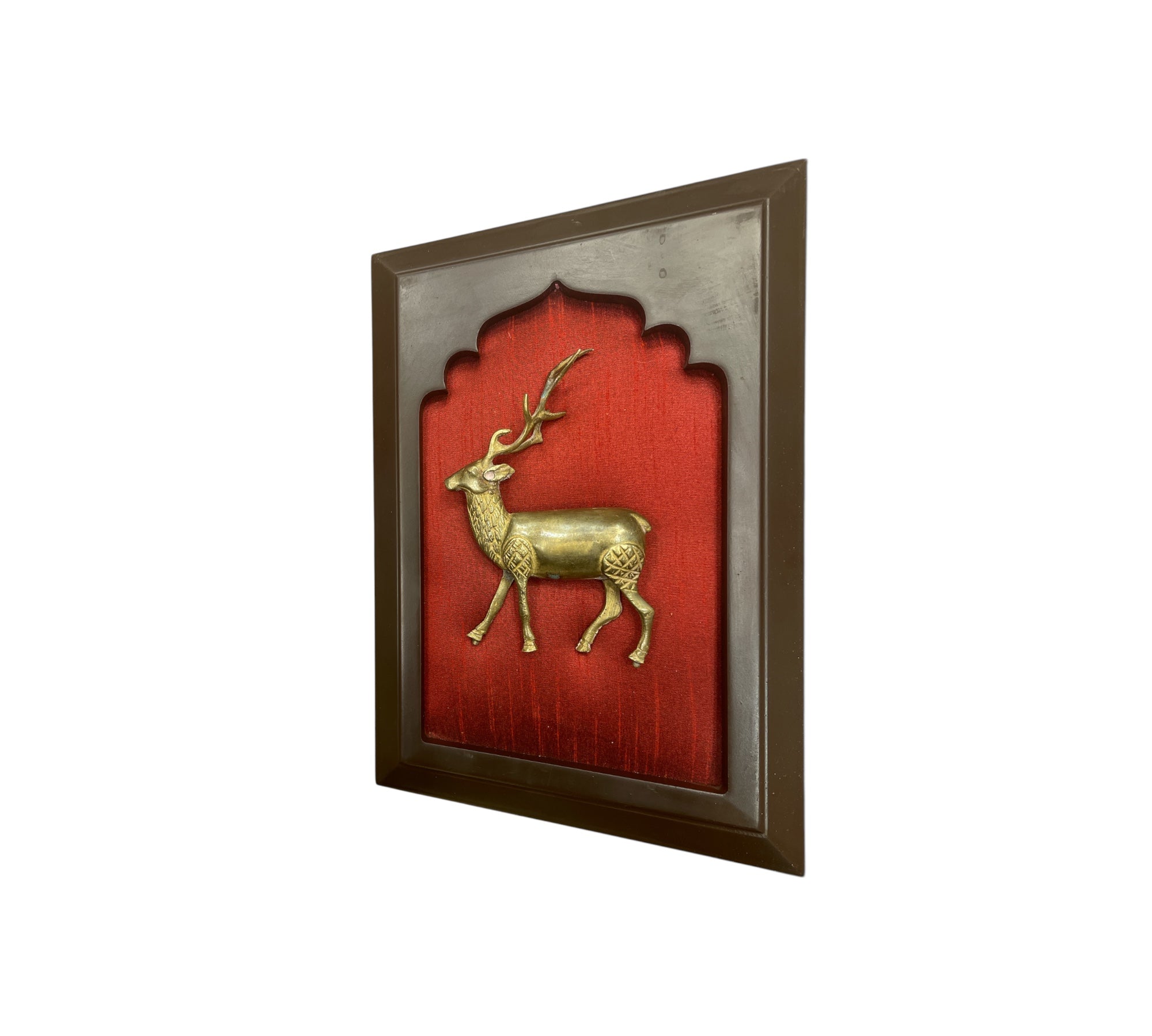 Brass Deer with Wine red silk in wooden frame