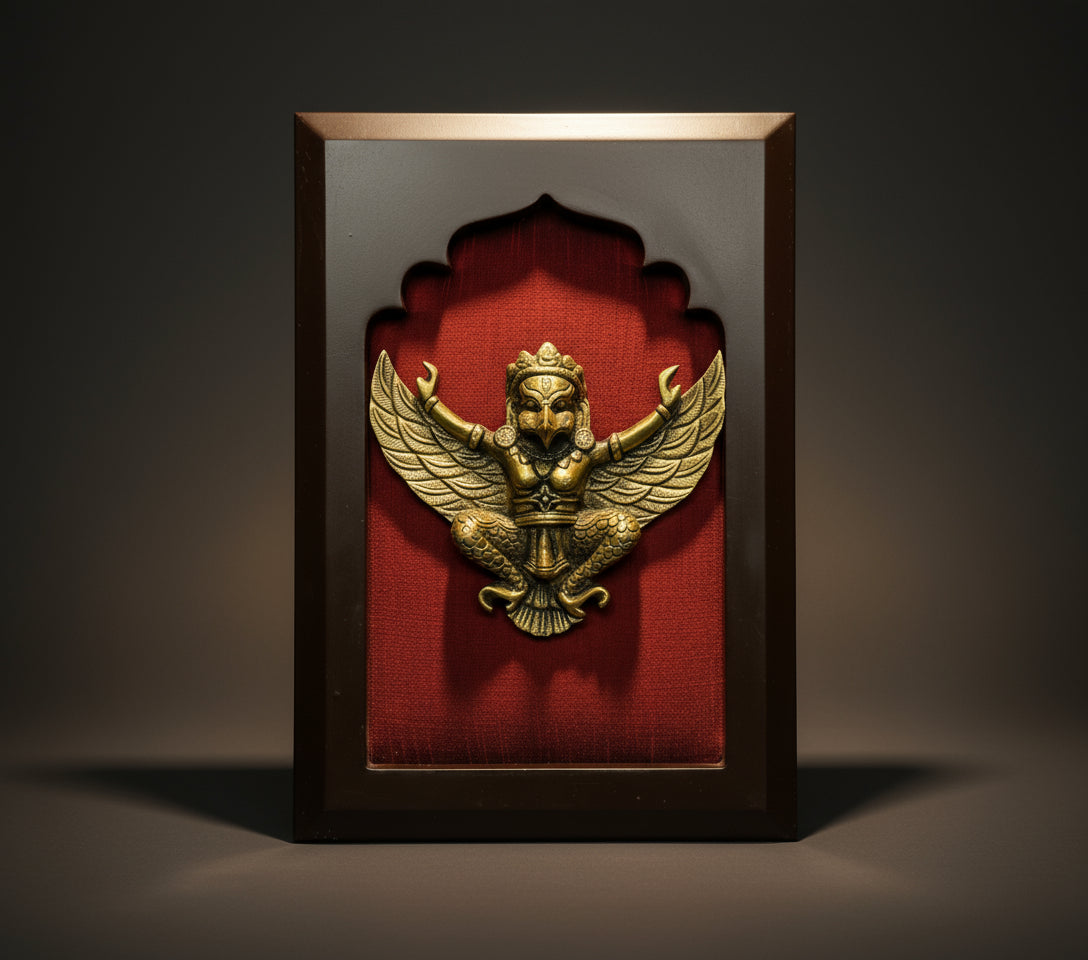 Brass Garuda with Wine red silk in wooden frame